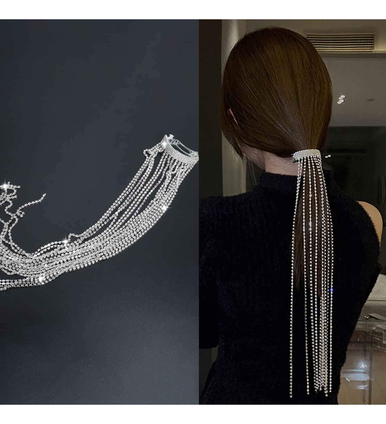 Rhinestone Tassel Hair Clips Silver Diamante Chain Hair Clips for Women Ponytail Clips Hair Style Accessories - Buy Online on SooperMarket.com