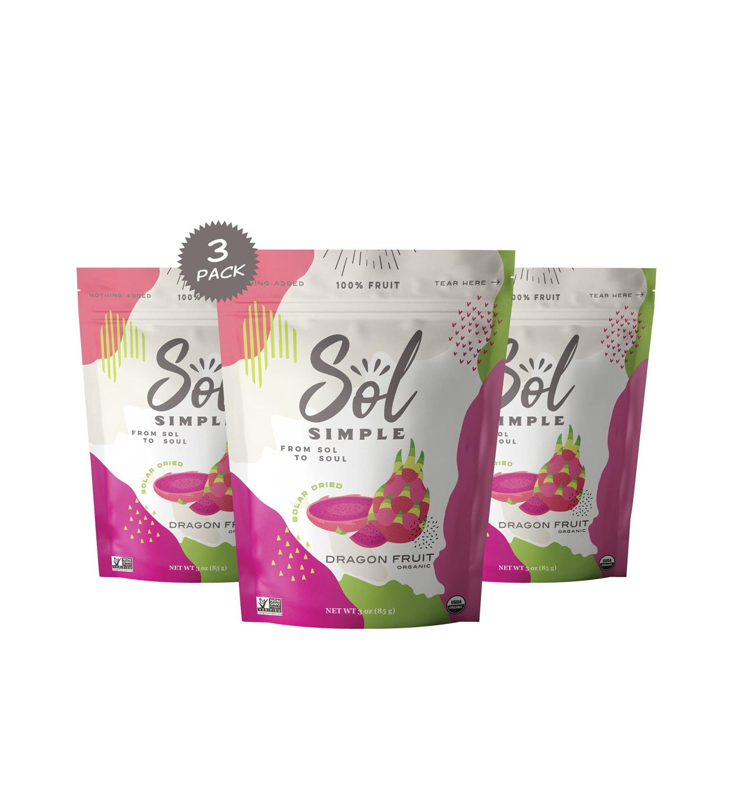 SOL SIMPLE Organic Dried Dragon Fruit Snack Pack - 3 Bags (3oz each) | Vegan, Non-GMO, No Added Sugar | Fair Trade Certified - Buy Online on SooperMarket.com