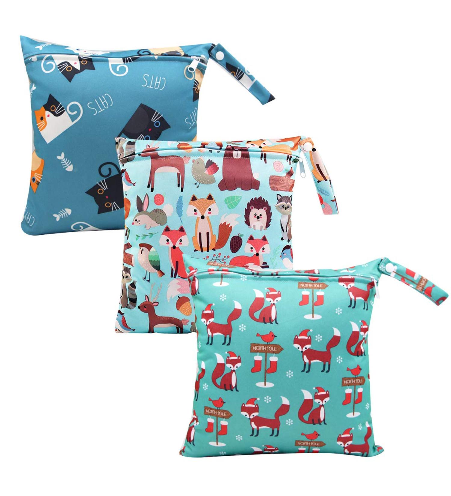 3 Pack Waterproof Wet Bag Set for Cloth Diapers - Reusable Nappy & Produce Bag Organizer with Handle, Zipper Pocket - Ideal for Travel, Beach, Gym - Blue - Buy Online on SooperMarket.com