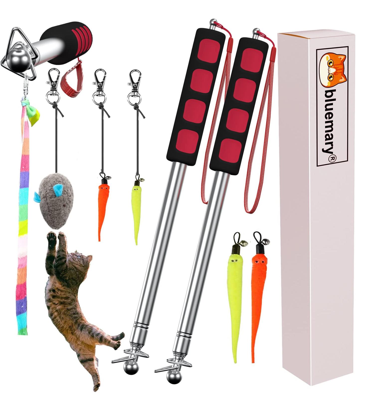 Bluemary Cat Feather Toy Set - 2 Retractable Wand Toys & 4 Rainbow String Teasers | Interactive Indoor Toys for Kittens & Cats - Buy Online on SooperMarket.com