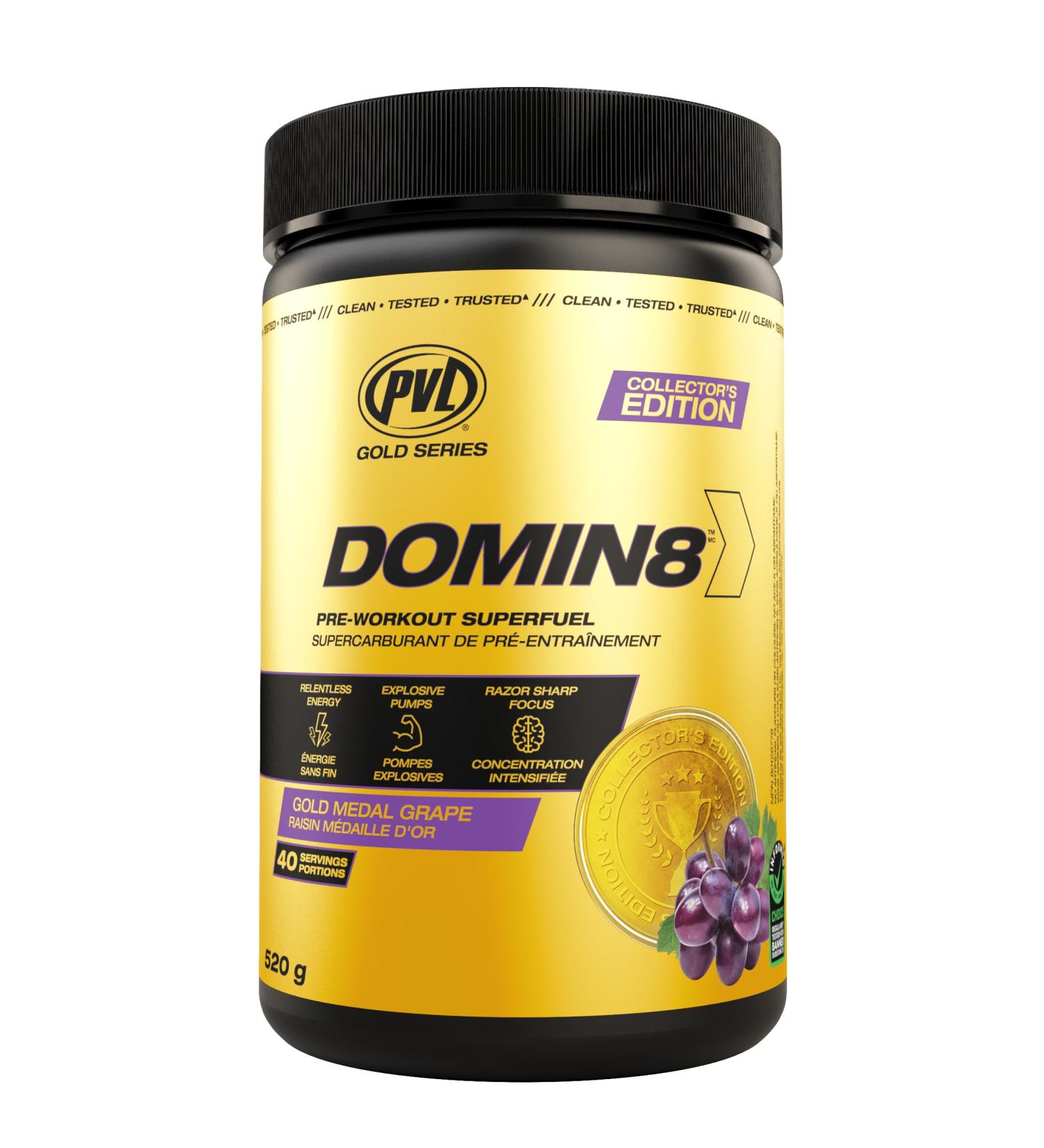 PVL Gold Series Domin8 | Pre-workout Superfuel - full dose Preworkout - 520 g - Gold Medal Grape - Buy Online on SooperMarket.com