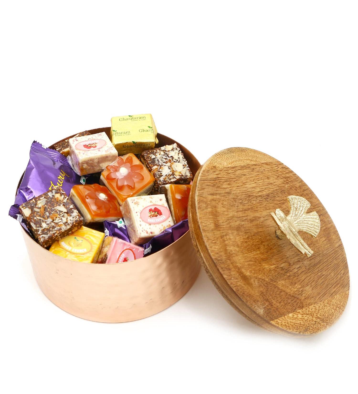 Jaiccha Ghasitaram Copper Metal Jar of Assorted Bites and Cookies|Gift for Diwali Gifts Holi Rakhi Valentine Christmas Birthday Anniversary Her Him| - Buy Online on SooperMarket.com