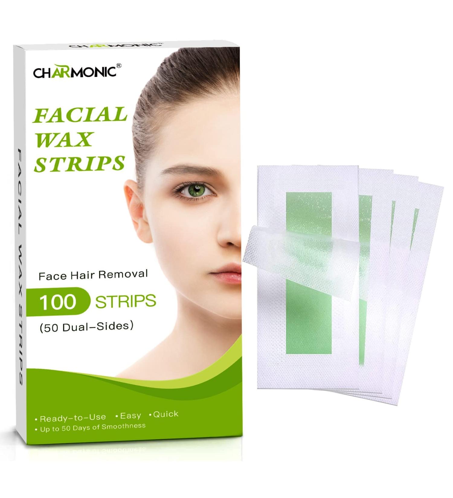 Charmonic Facial Wax Strips - 100 Count Hair Removal for Women - Waxing Strips for Face, Eyebrow, Upper Lip, Chin & Cheek - Painless Kit for All Skin Types - Buy Online on SooperMarket.com