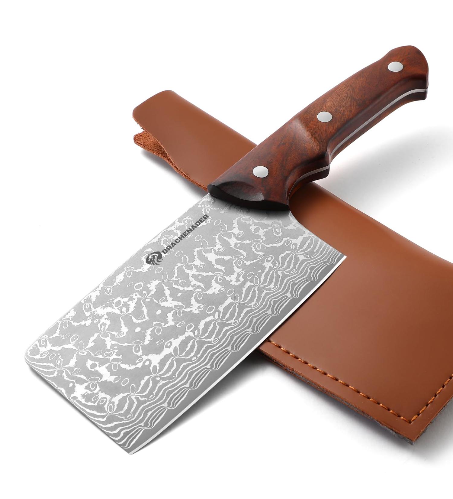 Handmade Drahcenader Damast Hunting & Chef Knife - VG10 Steel Wooden Handle PU Leather Sheath | Outdoor Camping Gear - Buy Online on SooperMarket.com