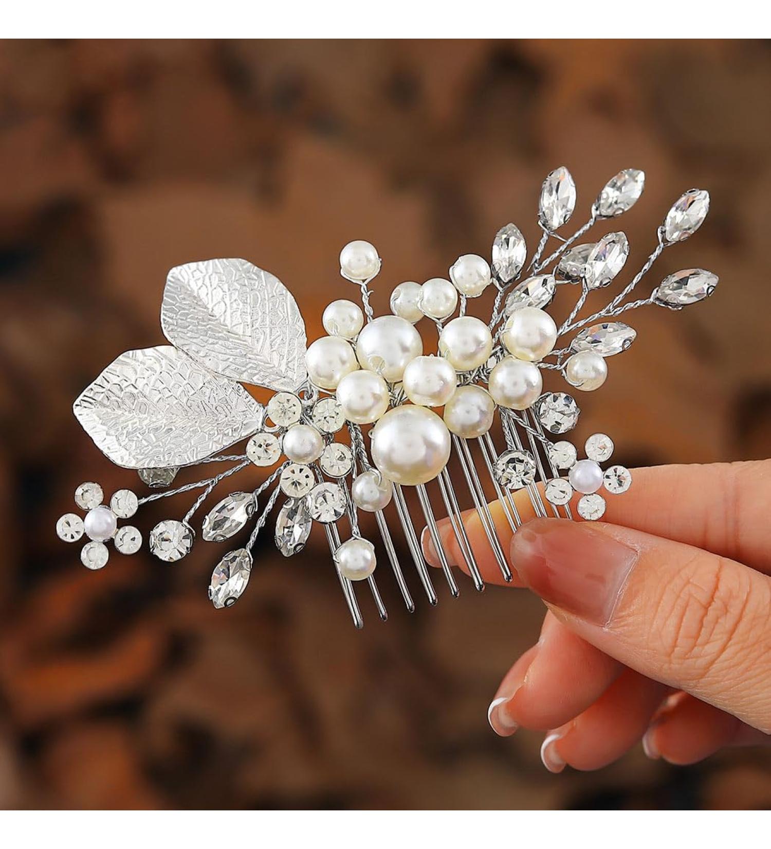 Handcess Bridal Pearls Hair Comb Splitter Rhinestone Flowers Hairpieces Crystal Bridal Side Combs Leaf Wedding Hair Accessories for Women and Girls - Buy Online on SooperMarket.com