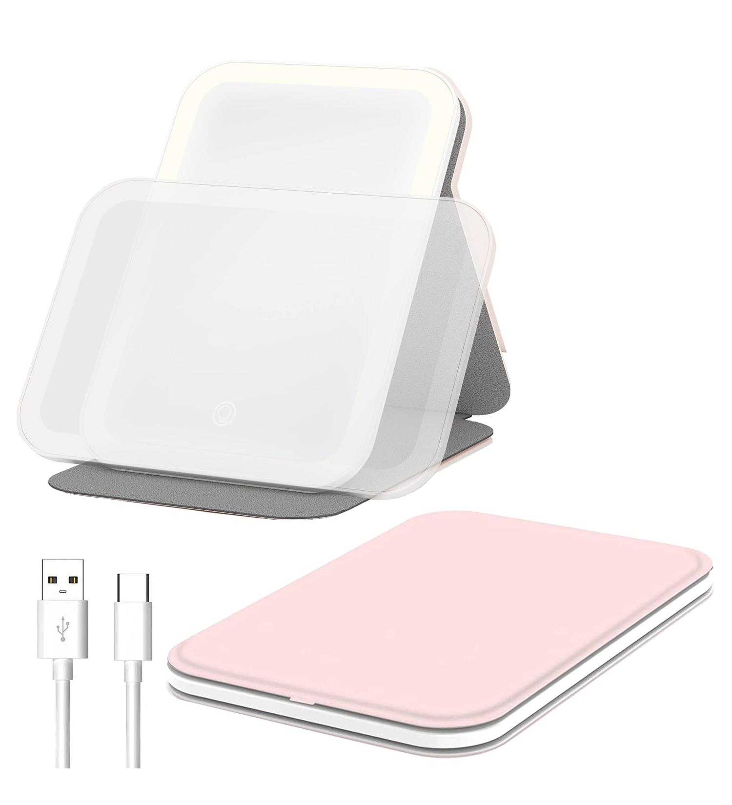 EFAILY Lighted Makeup Mirror - 3 Colors, Dimmable Touch Screen, USB Rechargeable - Pink - Buy Online on SooperMarket.com