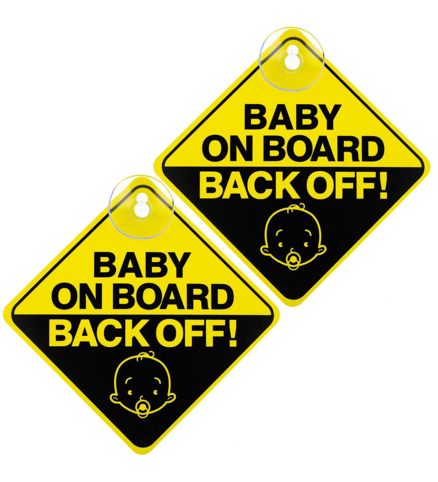 Bewudy 2 PCS Baby on Board Car Warning Sign with Suction Cups - Reusable Yellow Baby in Car Sticker (Back Off) - Eye-catching Safety Decal for Vehicles - Buy Online on SooperMarket.com