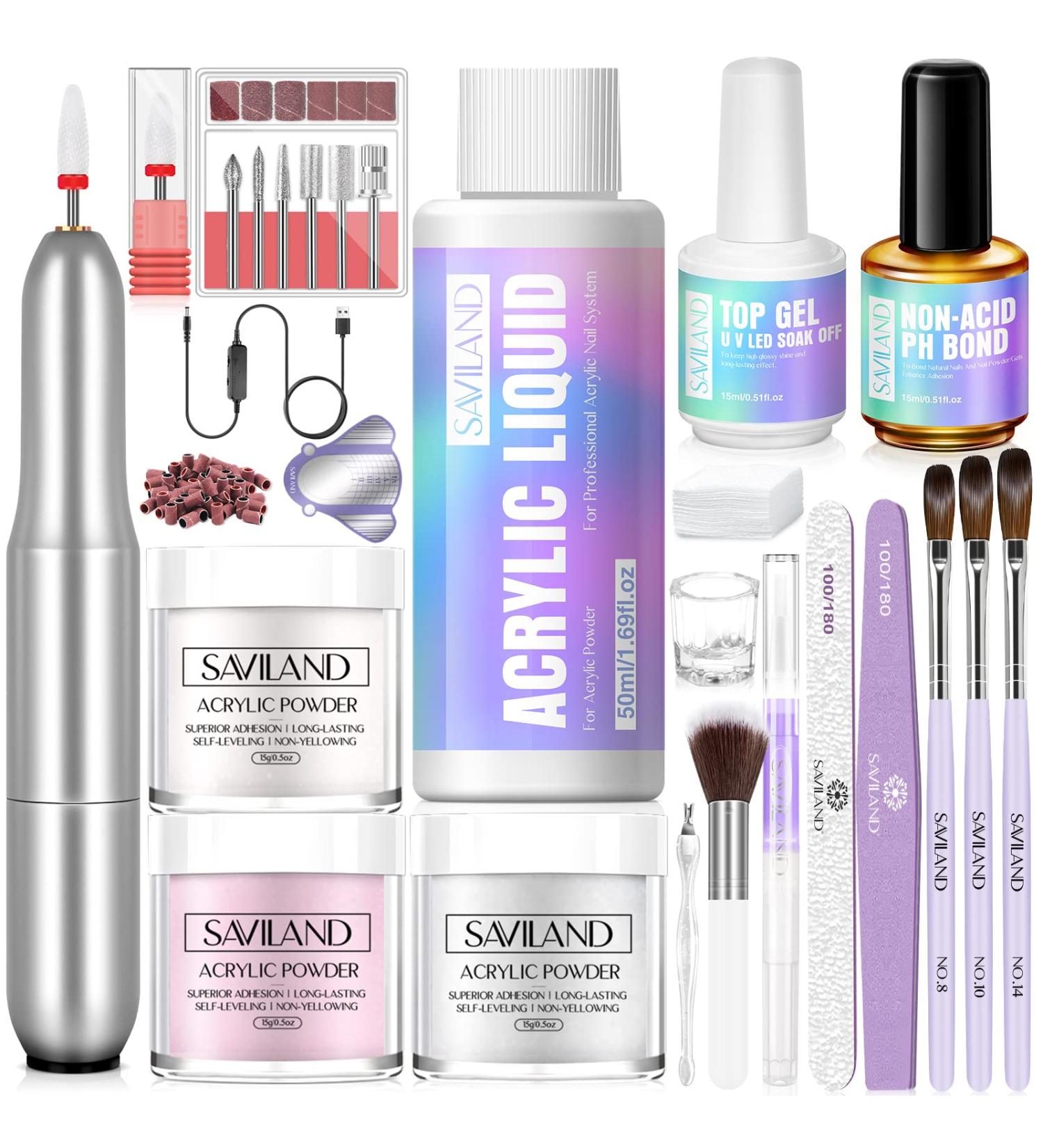 SAVILAND Acrylic Nail Kit with Nail Drill - Professional Acrylic Powder & Liquid Set for Beginners & Nail Salon - Clear White Pink - Complete DIY Nails Set - Buy Online on SooperMarket.com