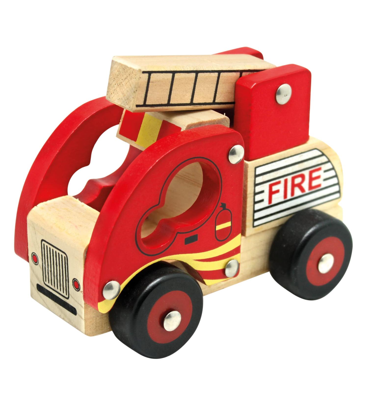 Bino Holzauto Feuerwehr - Wooden Fire Truck Toy for Kids 12 Months+ | Fold-Out Ladder PVC Tires Promotes Hand/Eye Coordination - 17x12x9 cm Red - Buy Online on SooperMarket.com