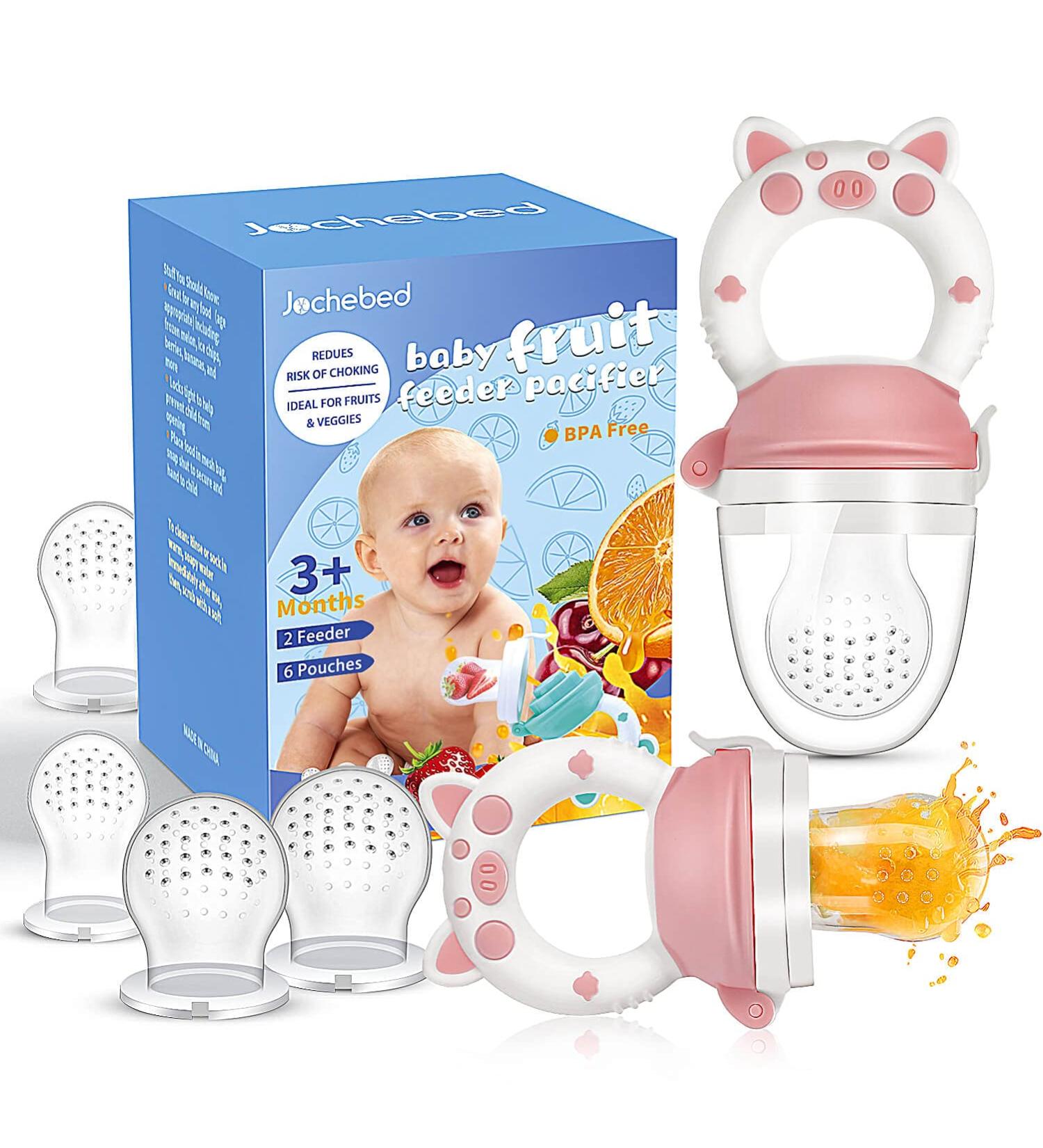 Baby Fruit Food Feeder Pacifier - Fresh Teething Teether Toy for 3-24 Months | 6 Pcs Silicone Pouches | Piggy Handle 2-Pack (Pink) - Buy Online on SooperMarket.com