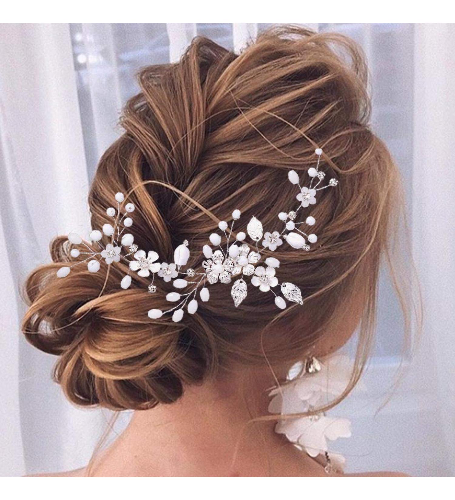 Unicra Silver Wedding Hair Vine - Rhinestone Flower Headpiece with Pearls | Bridal Hair Jewelry for Bridesmaid & Women - Buy Online on SooperMarket.com
