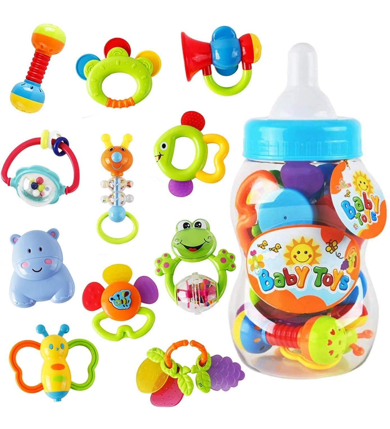 WISHTIME 11PCS Baby Rattles Teethers for Newborn Toys - Hand Development Rattle Toys and Giant Bottle - Gifts for Infants 0-12 Months (Blue) - Buy Online on SooperMarket.com
