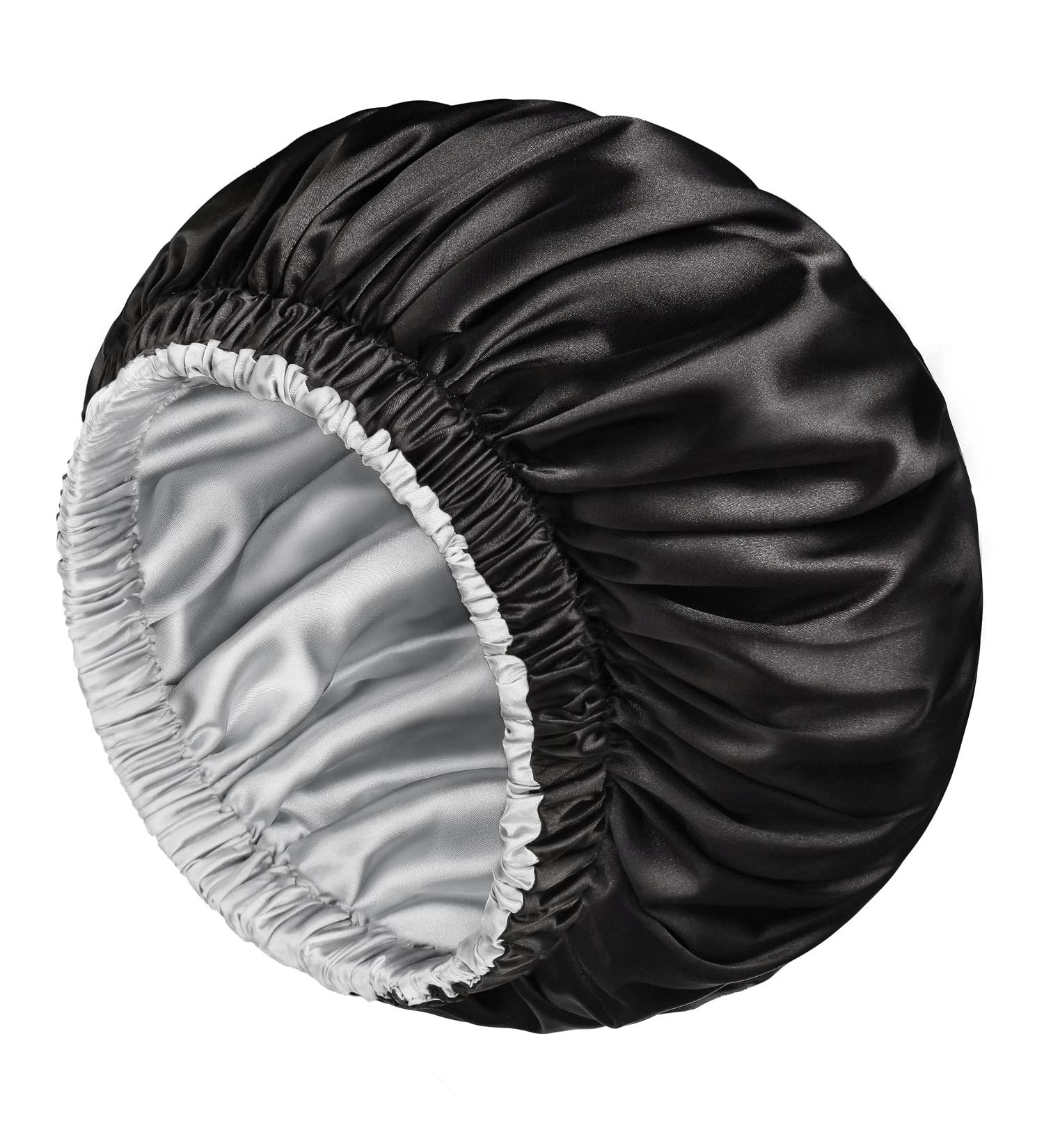 Mikimini X-Large Satin Bonnet for Sleeping - Black+Silver Reversible Double Layer Hair Cap - Soft Stretchy Hair Care Bonnet for Women - Buy Online on SooperMarket.com