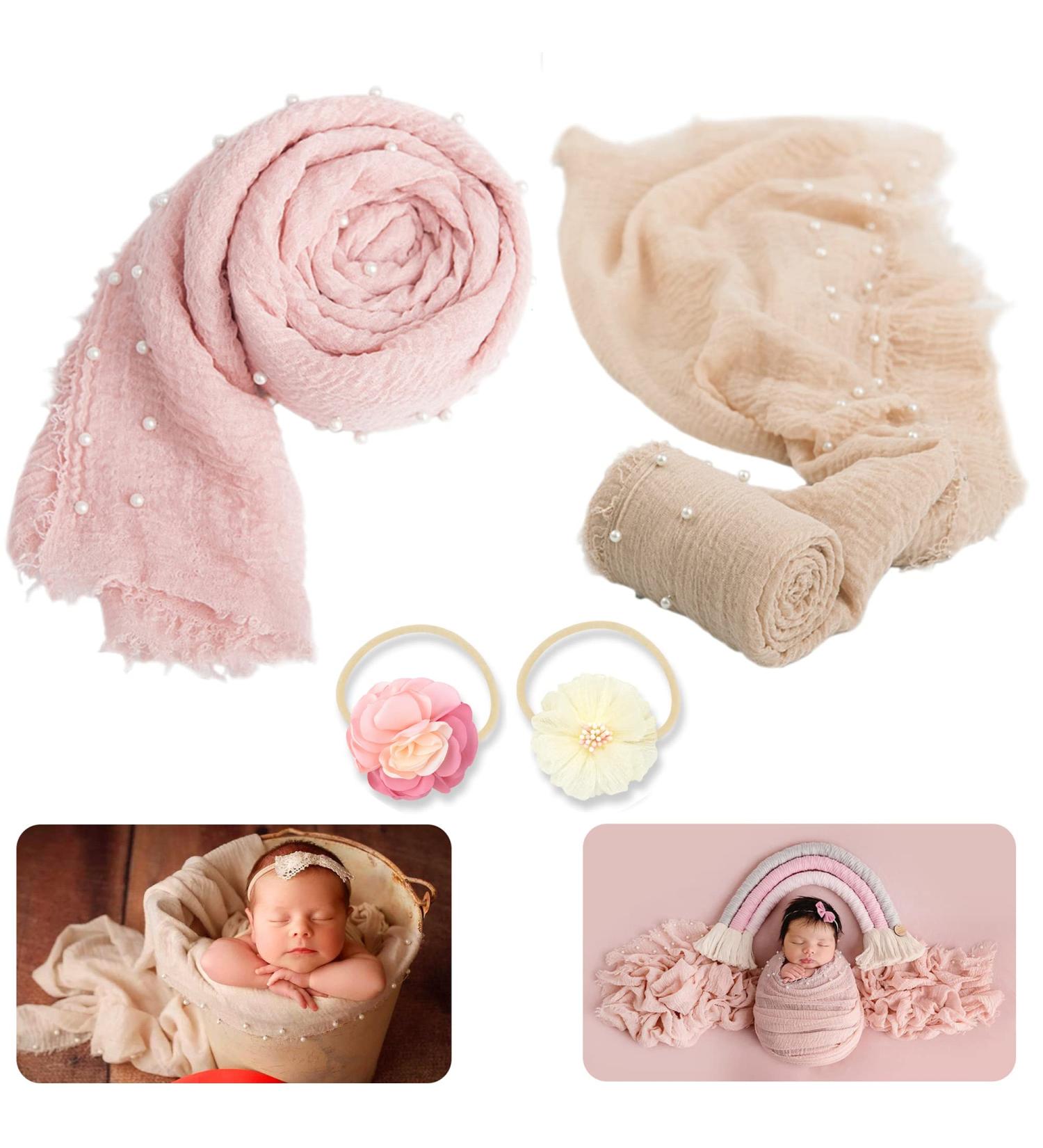 Newborn Photography Props Wrap Set with Pearl Decor - Snow Powder/Beige | Handmade Knit Blanket Swaddle for Baby Photo Shoots - Buy Online on SooperMarket.com