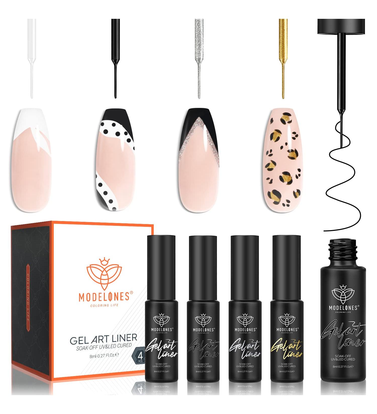Modelones Gel Polish Nail Art Gel Liner Set - 4 Colors Classic White Black Silver Gold Glitter | French Tip Swirl Nails Design | Soak Off Thin Brush Gel Nail Art Supplies Kit | A-4 Colors Kit - Buy Online on SooperMarket.com