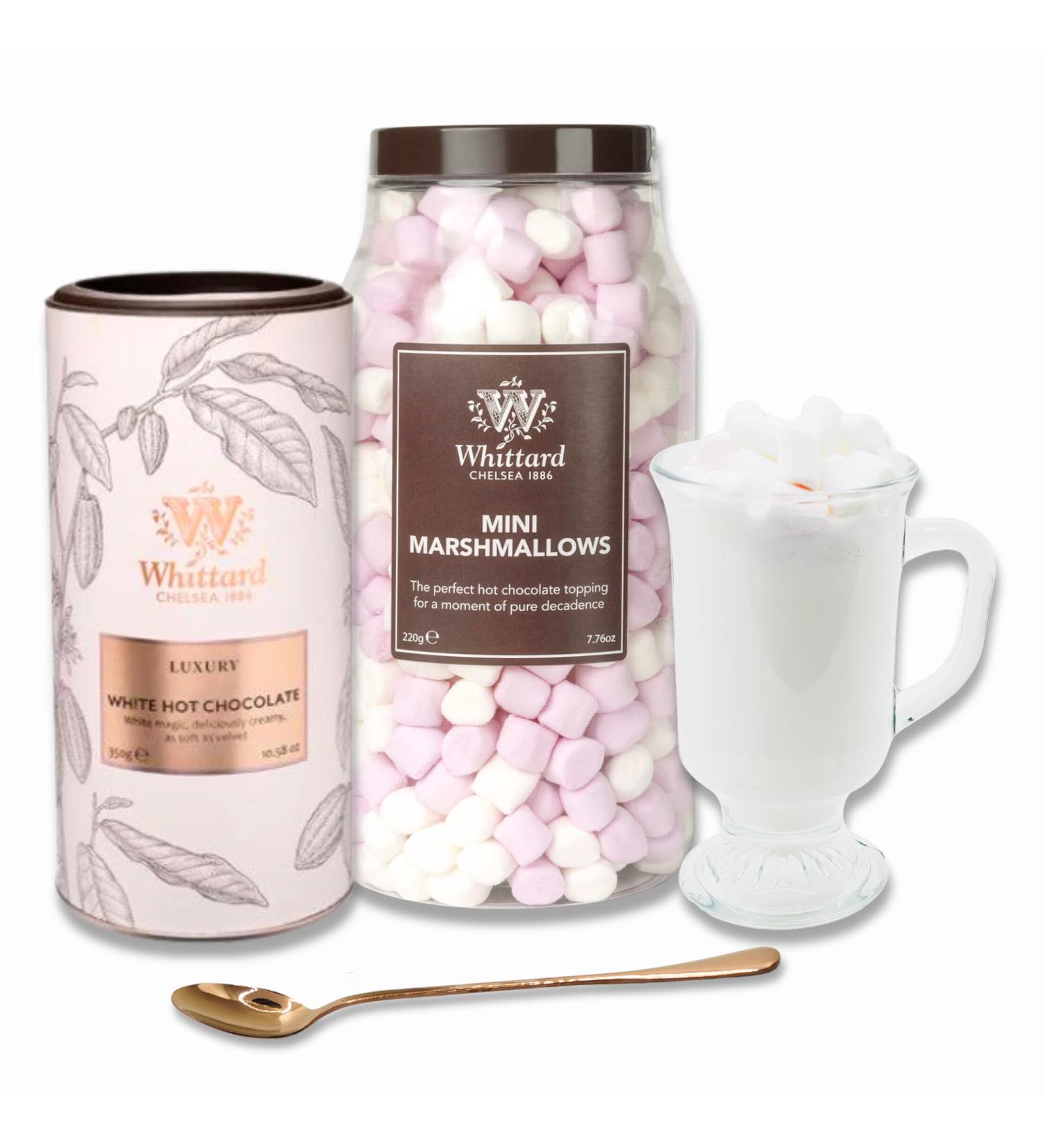 Whittard of Chelsea Luxury White Hot Chocolate Gift Set Bundle with Luxury White Hot Chocolate Mini Marshmallows & Glass Mug with Rose Gold Spoon Hot Chocolate Gifts for Her/Him - Buy Online on SooperMarket.com