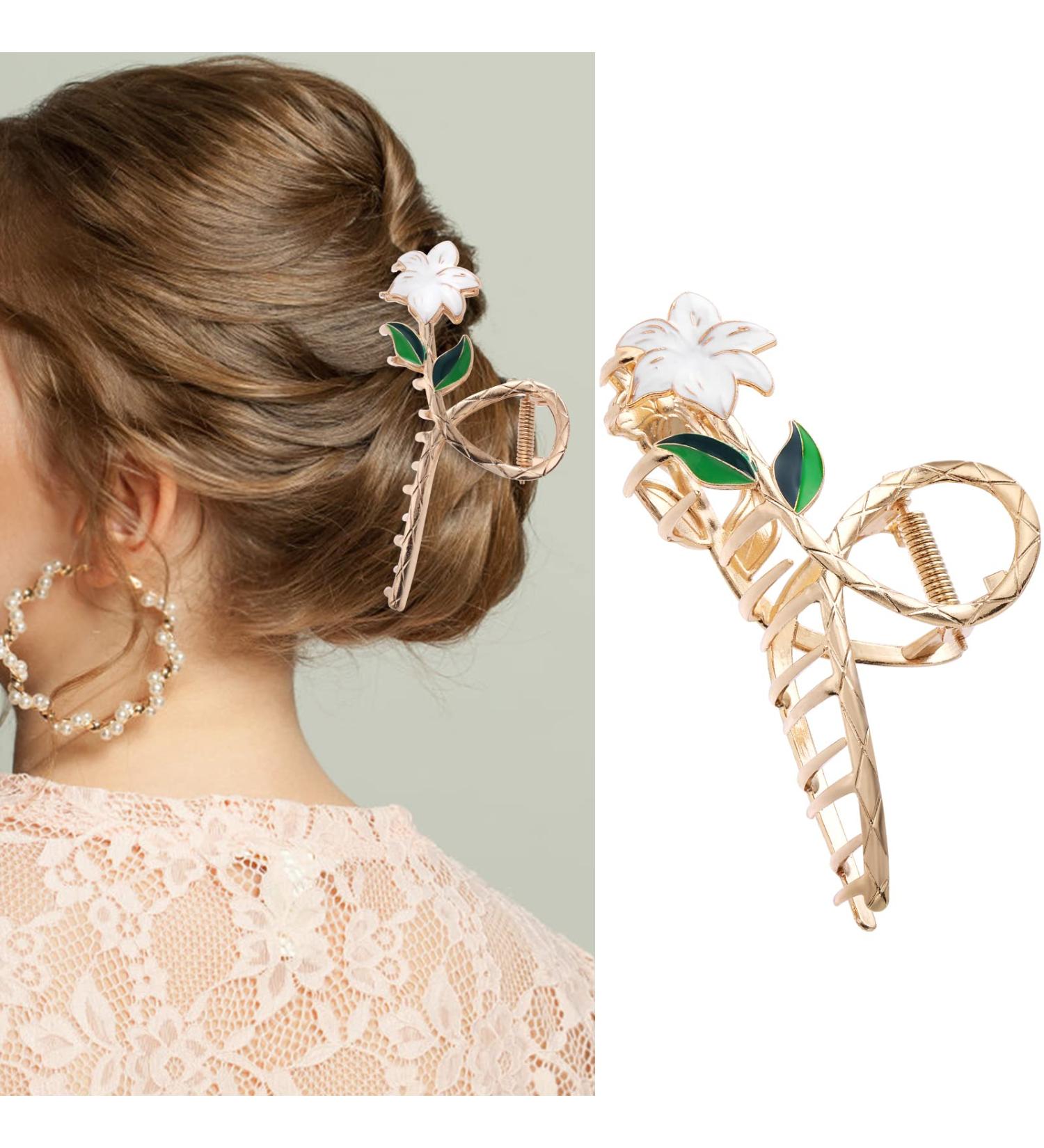 White Lily Metal Hair Claws - Strong Hold Claw Clips for Thick Hair | Lusofie Flower Hair Accessories - Buy Online on SooperMarket.com