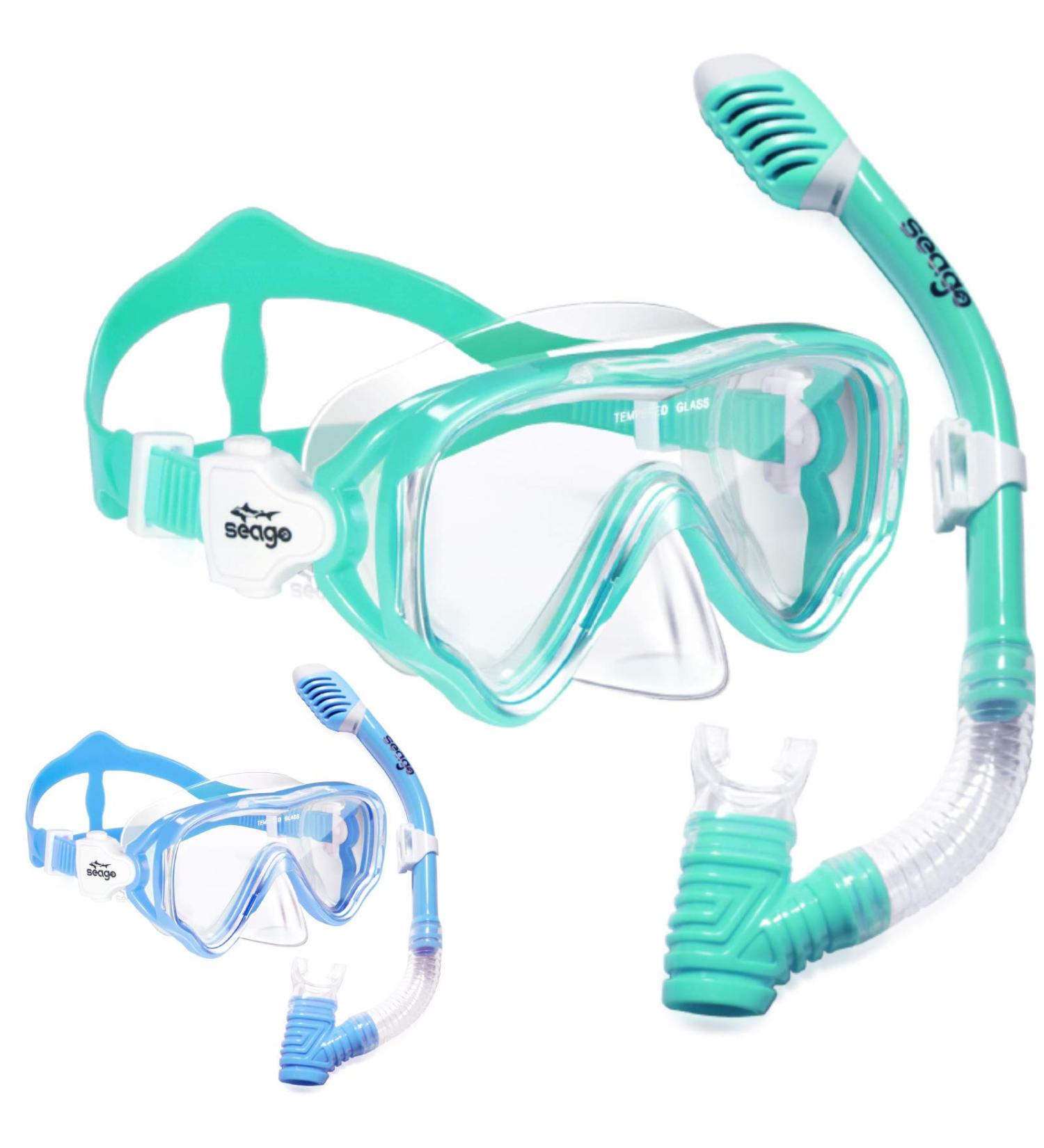 Kids Snorkel Set - 2 Pack Dry Top Mask & Gear for Boys Girls | Anti-Fog, Panoramic View, No Leak Mouthpiece | Scuba Diving & Swimming Equipment with Mesh Bag - Blue & Light Green - Buy Online on SooperMarket.com