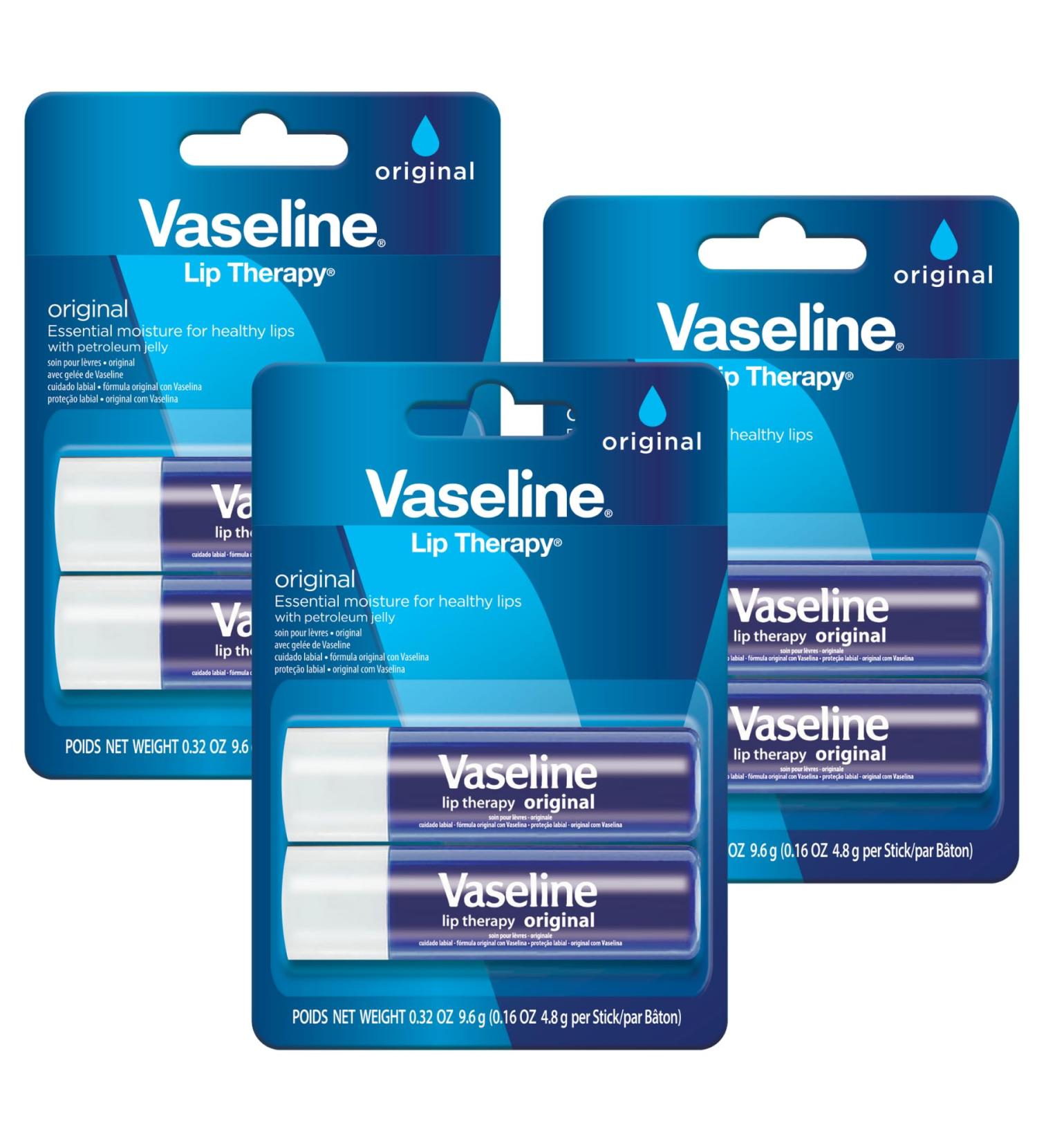 Vaseline Lip Therapy Care Original - 6 Unflavored Lip Balms (3-Pack of 2) for Dry Chapped & Cracked Lips - Fast-Acting Nourishment - Buy Online on SooperMarket.com