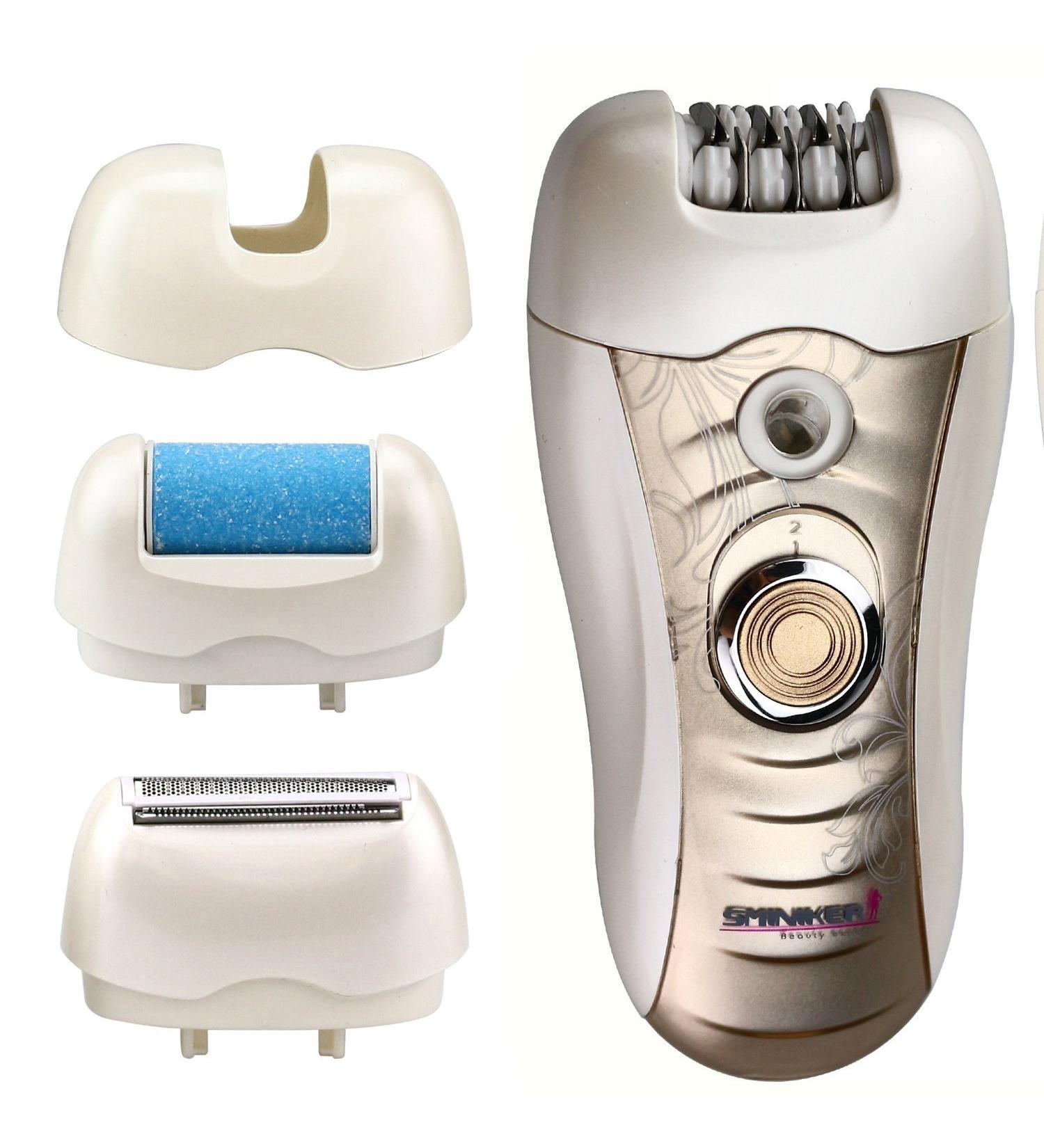 Sminiker 3 in 1 Lady Rechargeable Hair Removal Kit - Waterproof Bikini Trimmer, Epilator, Callus Remover - LED Shaver for Arms, Underarms, Bikini Line & Legs (Gold) - Buy Online on SooperMarket.com