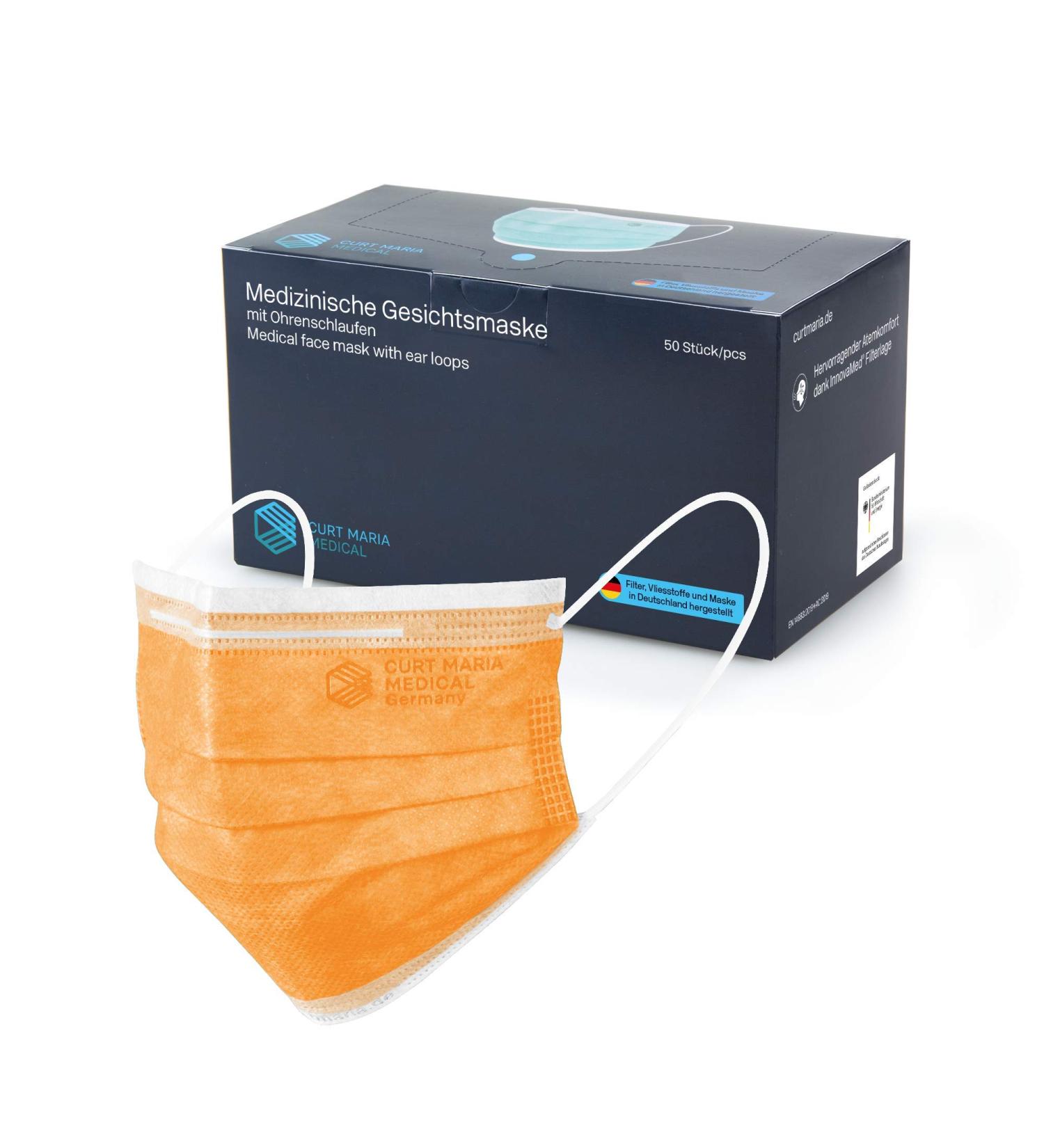 Curt Maria Medical 50-Pack 3-Layer Face Masks Made in Germany - Disposable Orange Mouth Protection with Ear Loops for International Shipping - Buy Online on SooperMarket.com