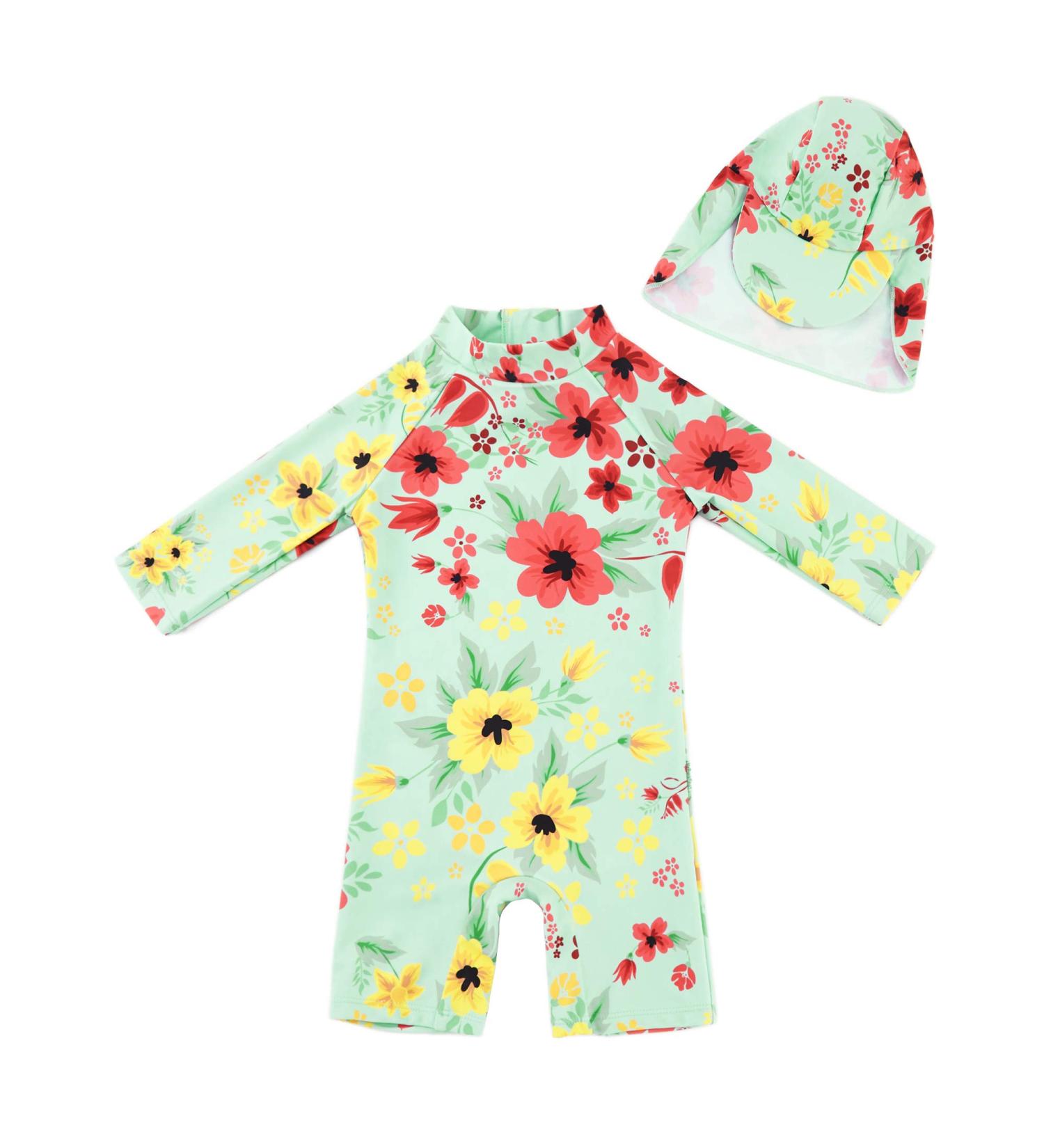 UPF 50+ Light Green Baby Girl One Piece Swimwear Suit with Sun Hat 9-12 Months - Buy Online on SooperMarket.com
