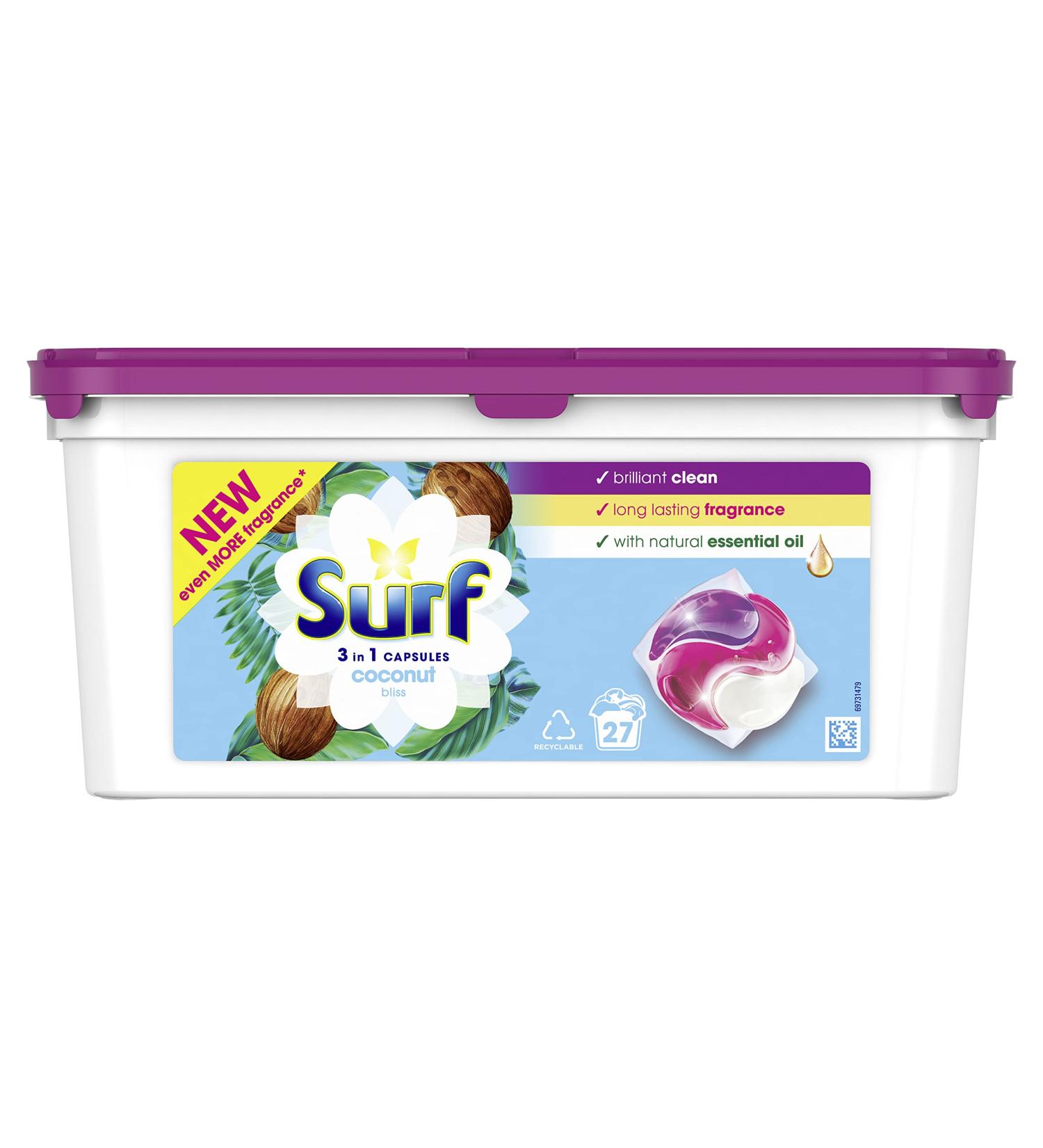 Surf Coconut Bliss 3 in 1 Capsules Washing Capsules even more fragrance* for brilliantly clean laundry every time 27 washes Coconut Bliss 27 count (Pack of 1) - Buy Online on SooperMarket.com