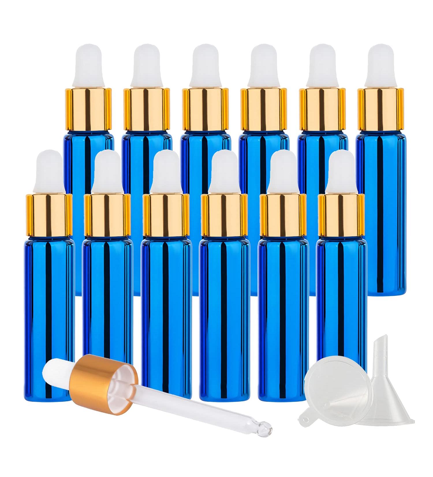 Tianzd 12 Pack 10 ml Chrome Blue Drip Bottles with Glass Pipettes - Essential Oil & Perfume Storage - Gold Screw Cap - Buy Online on SooperMarket.com