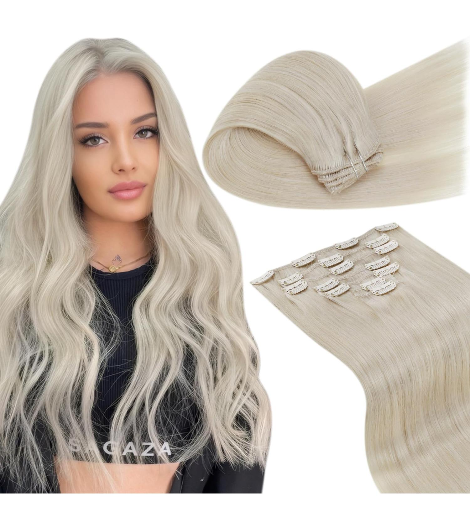 LAAVOO Platinblond Clip Extensions - 40cm Real Hair 105g 7PCS Double Tressen Premium Remy Blonde Clip-Ins for Full Head - Buy Online on SooperMarket.com