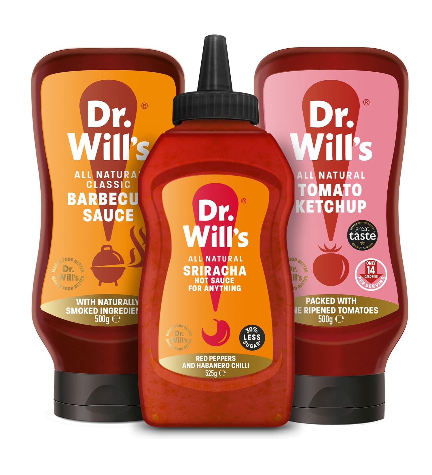 Dr Will's Sriracha Hot Sauce Natural Ketchup and BBQ Sauce Selection Pack | Gluten Free & Dairy Free - 500 g (Pack of 3) Variety Sauces 500 g (Pack of 3) - Buy Online on SooperMarket.com