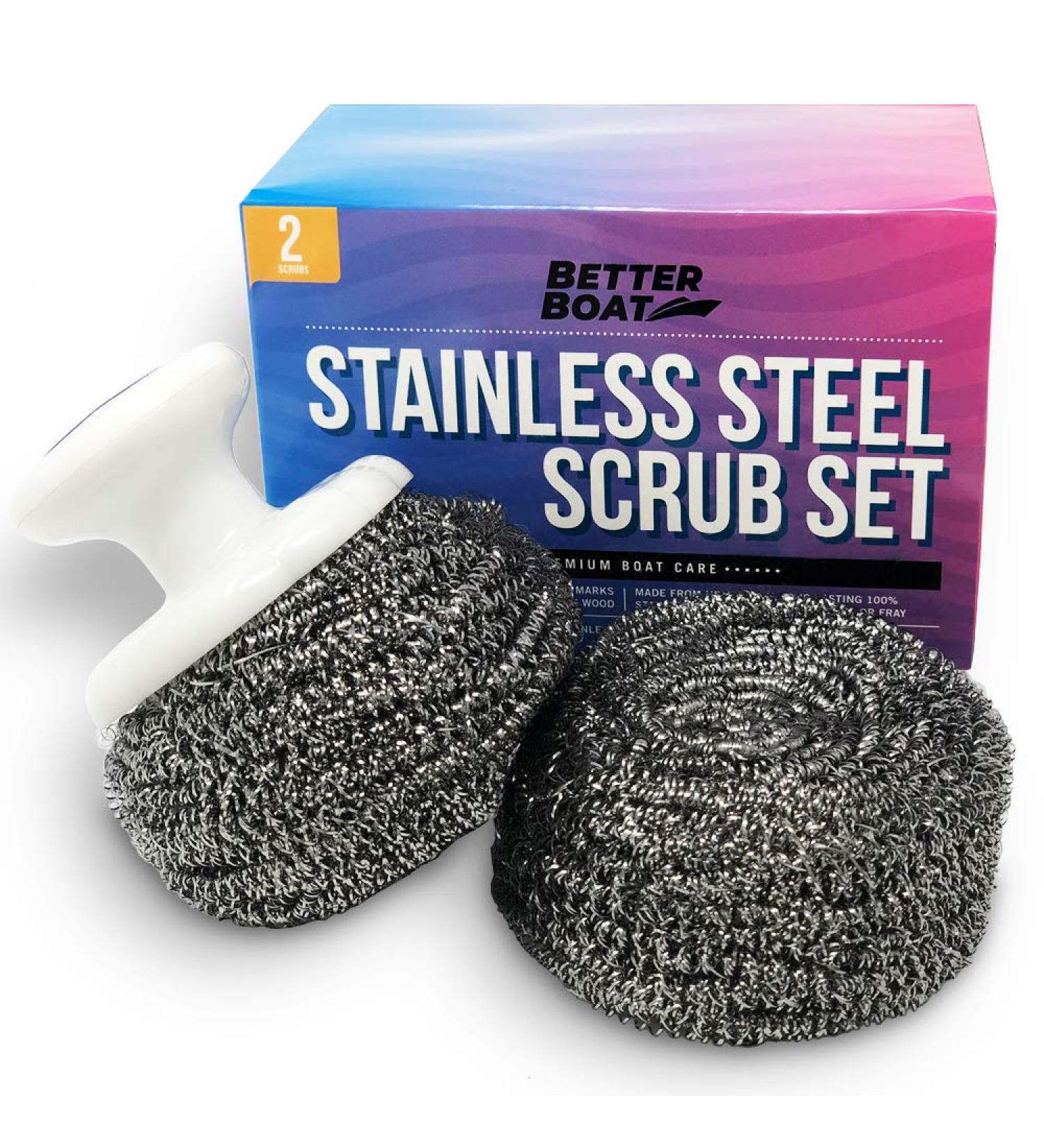 Marine Grade Stainless Steel Scrubber Set with Brush Handle - Heavy Duty Cleaning Supplies for Kitchen, Dishes, Teak Wood Furniture, and Metal Surfaces - Buy Online on SooperMarket.com