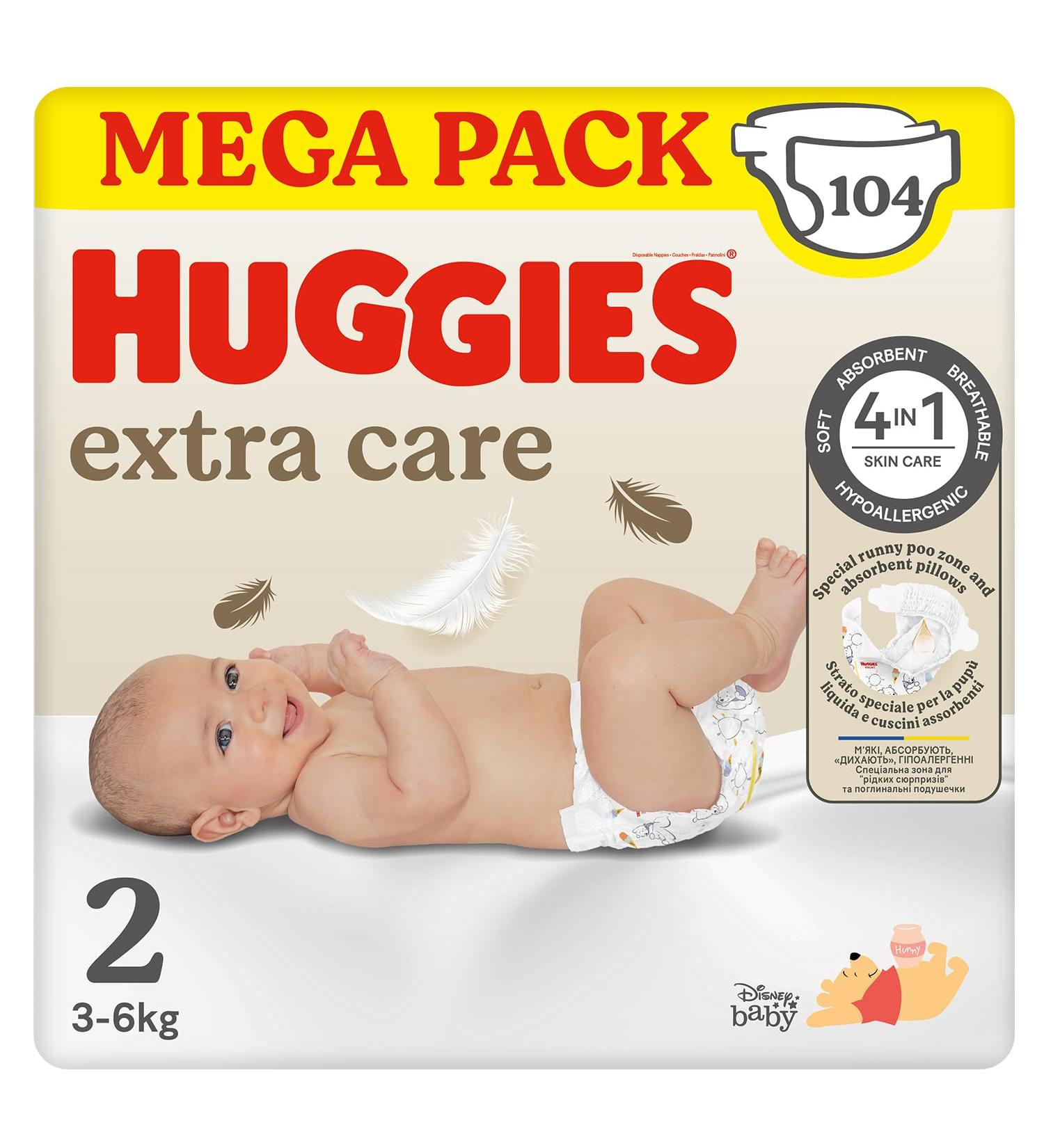 Huggies Extra Care Baby Diapers Size 2 (3-6 kg) Pack of 104 Diapers (Megapack) Taille 2 (Lot de 104)