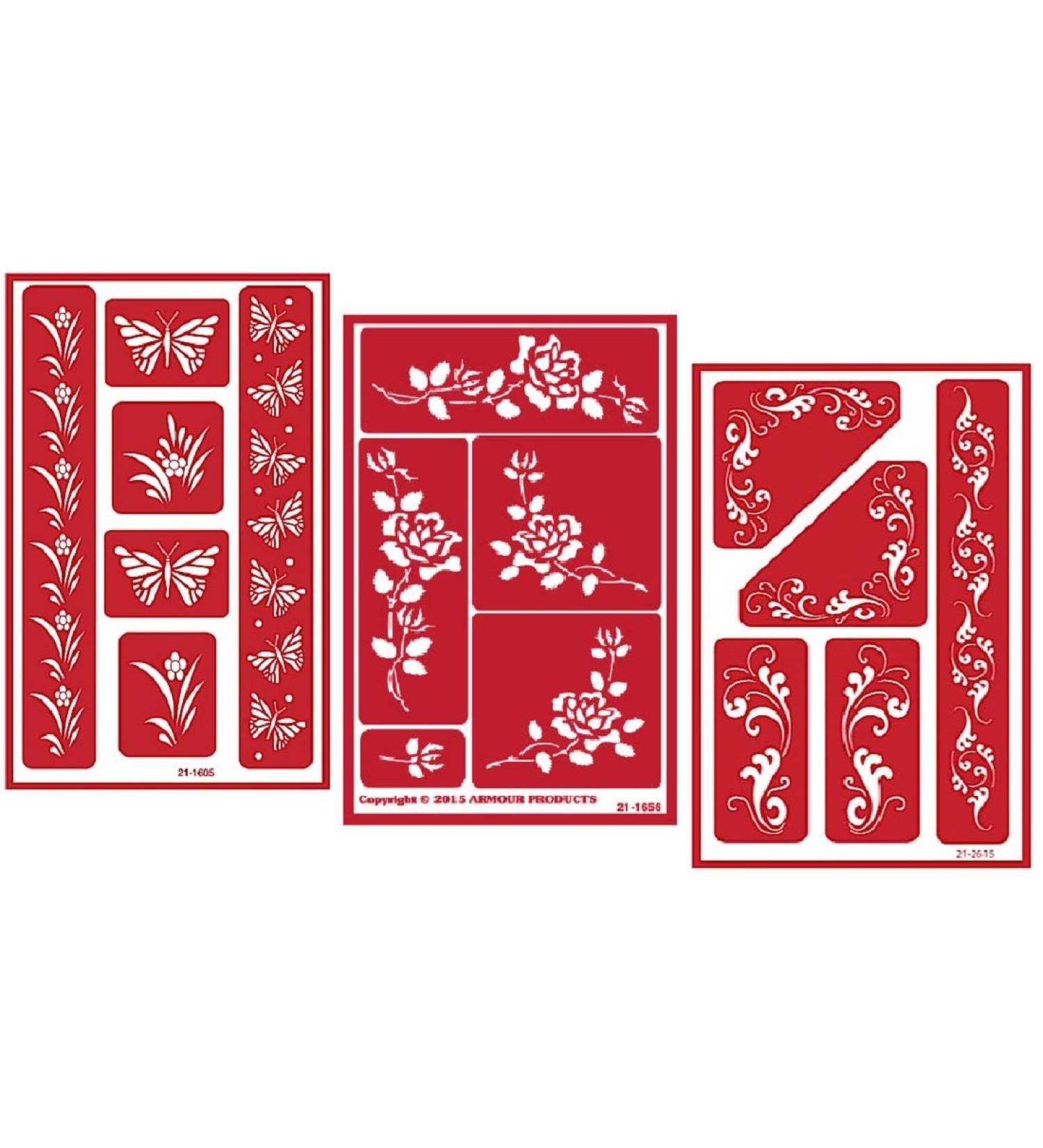 3 Armour Etch Over N Over Reusable Glass Etching Stencils Set | Butterfly, Fleur De Lis, Rose