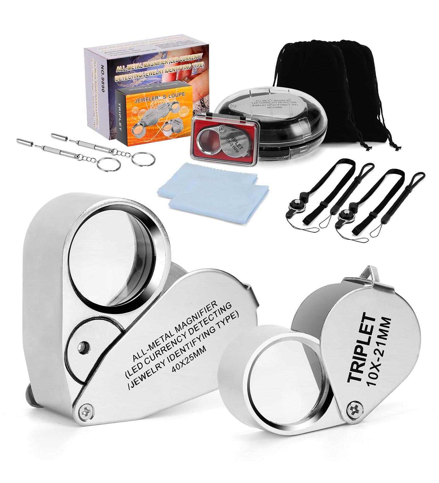 Wanapure Metal Jewelry Loop Magnifier with LED Light - 10x & 40x Pocket Illuminated Magnifying Glass for Gems, Rocks - Includes Drawstring Bag and Adjustable Lanyard - Buy Online on SooperMarket.com