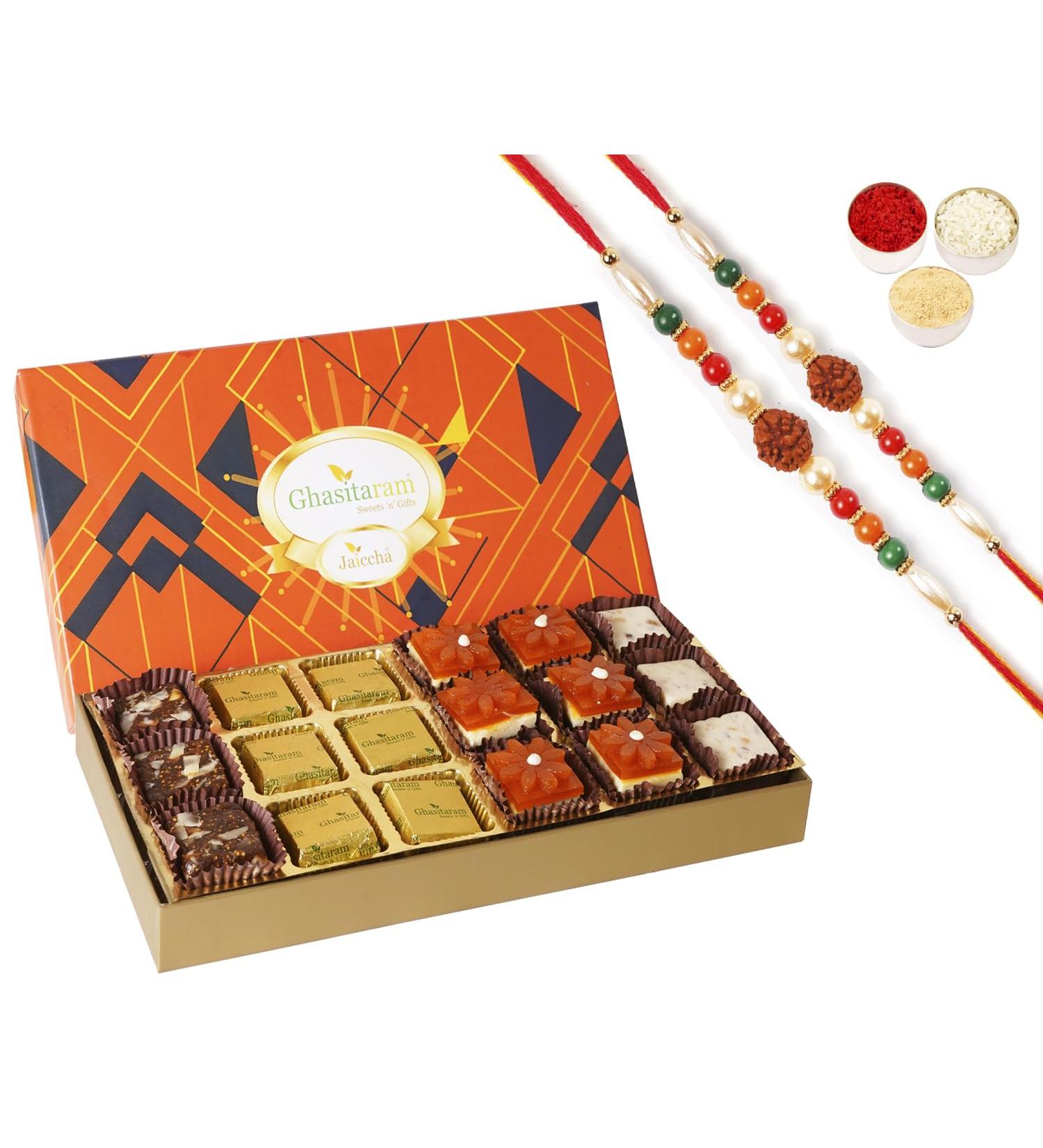 Ghasitaram Gifts Jaiccha Rakhi for Brother Mewa Bites in Designer Box 18 pcs with 2 Rudraksh rakhis - Buy Online on SooperMarket.com
