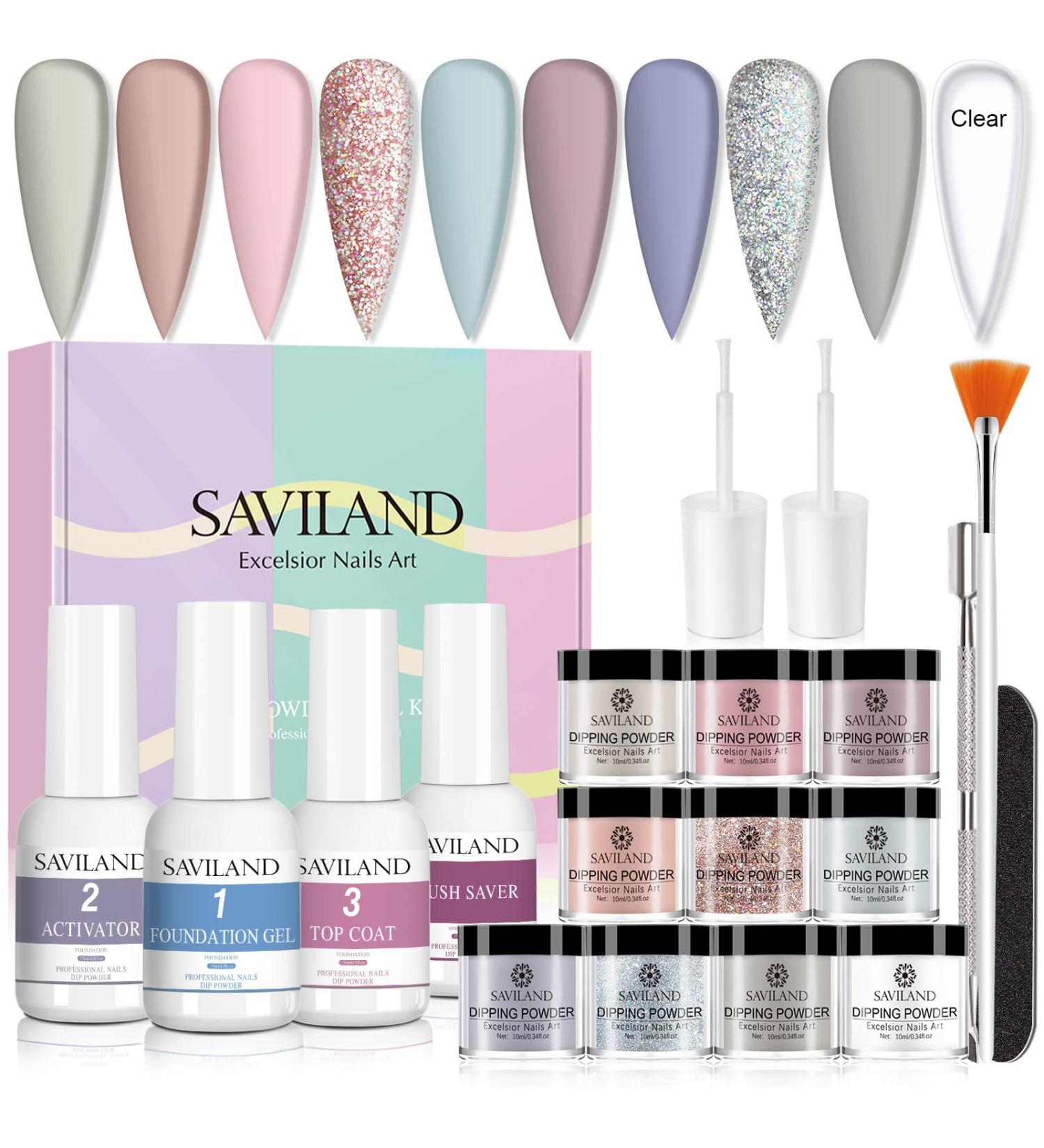Saviland 19Pcs Dip Powder Nail Kit Starter | 10 Glitter White Pink Clear Colors | Nail Art Set with Base, Activator, Top Coat, Brush Saver, and Liquid Set - Buy Online on SooperMarket.com