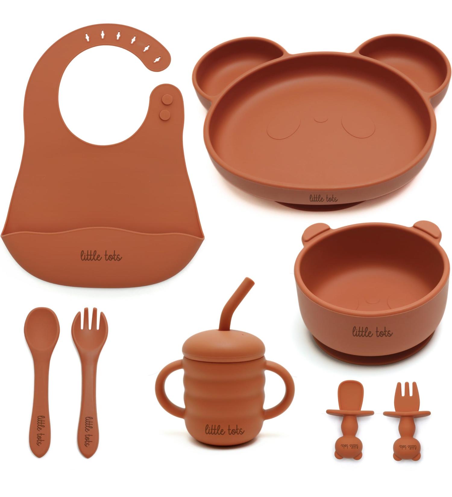Little Tots 8 Piece Baby Weaning Set | Silicone Suction Plate, Bowl, Bib, Sippy Cup, Straw, Toddler Spoon & Fork, Cutlery | Apricot Orange - Buy Online on SooperMarket.com
