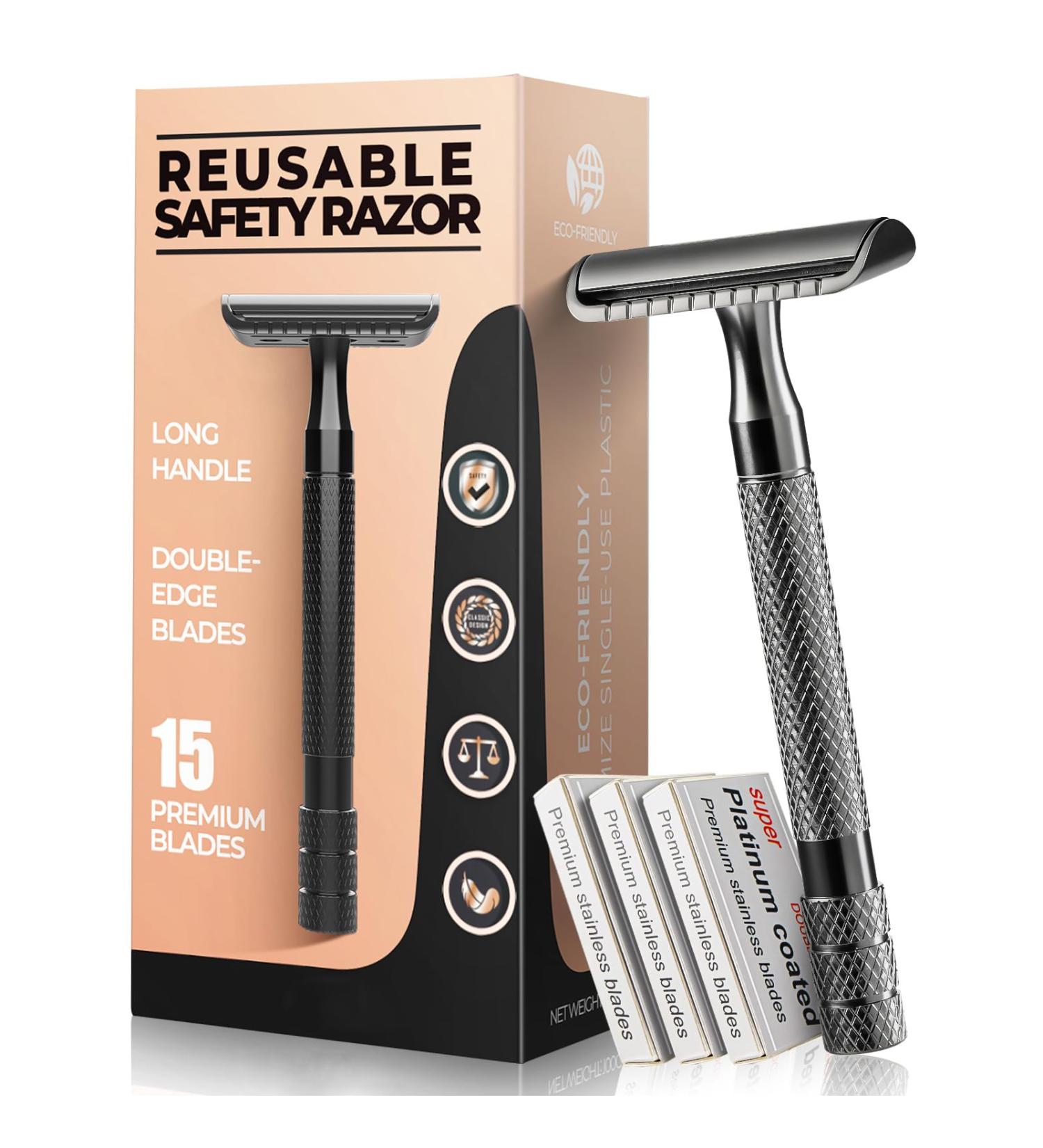 Safety Razor for Men with 15 Stainless Steel Blades Long Handle Double Edge Safety Razor with 10 Stainless Steel Blades-Black