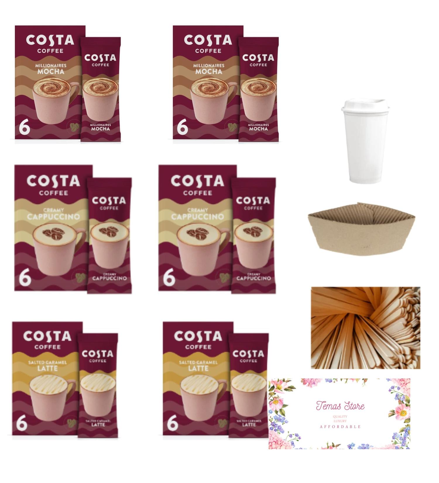 Temas Costa Coffee Instant Coffee Sachets Bundled With Reusable Coffee Cup Sleeves & Coffee Stirrers | 3 Flavours - Creamy Cappuccino Salted Caramel Latte Millionaire Mocha (Mixed Variety Flavour) - Buy Online on SooperMarket.com