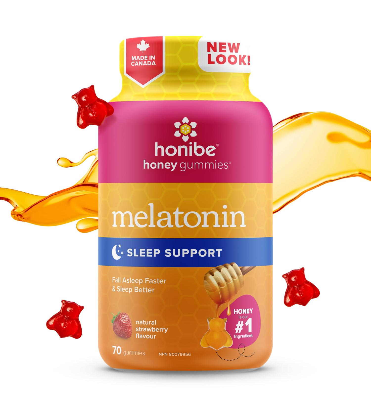 Honibe Melatonin Sleep Support Gummies | Honey-Based Gummies Made in Canada | Nighttime Sleep Aid | Natural Sleep Aid to Help Relieve Stress | Melatonin Gummies to Help Support a Healthy Sleep Aid | Sleep Gummies | 70 gummies Nutritional Supplement - Buy Online on SooperMarket.com