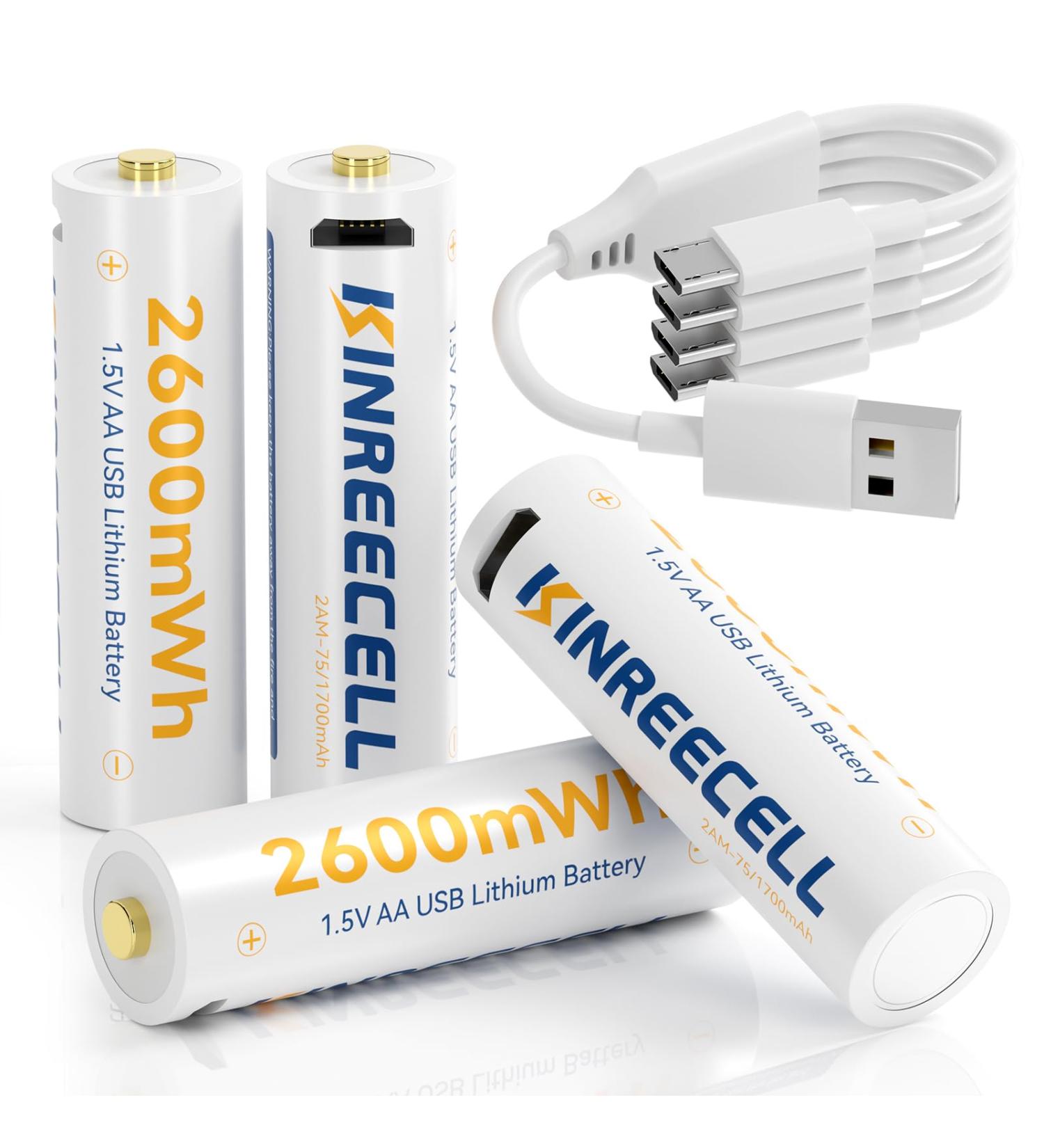 Rechargeable AA Li-Ion Batteries - 2600mWh 1.5V Fast Charging - 4 Pack with USB Cables for Smart Devices & Game Controllers - Buy Online on SooperMarket.com