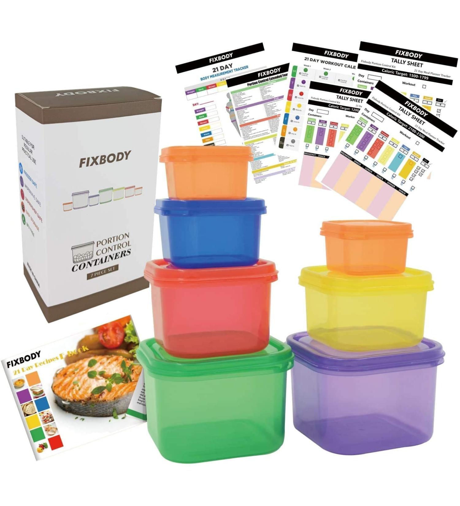 FIXBODY 7PCS Portion Control Containers - Color-Coded Labeled 21 Day Lose Weight System | Includes Use Guide, 21 Day Tracker, and Recipe Ebook - Buy Online on SooperMarket.com