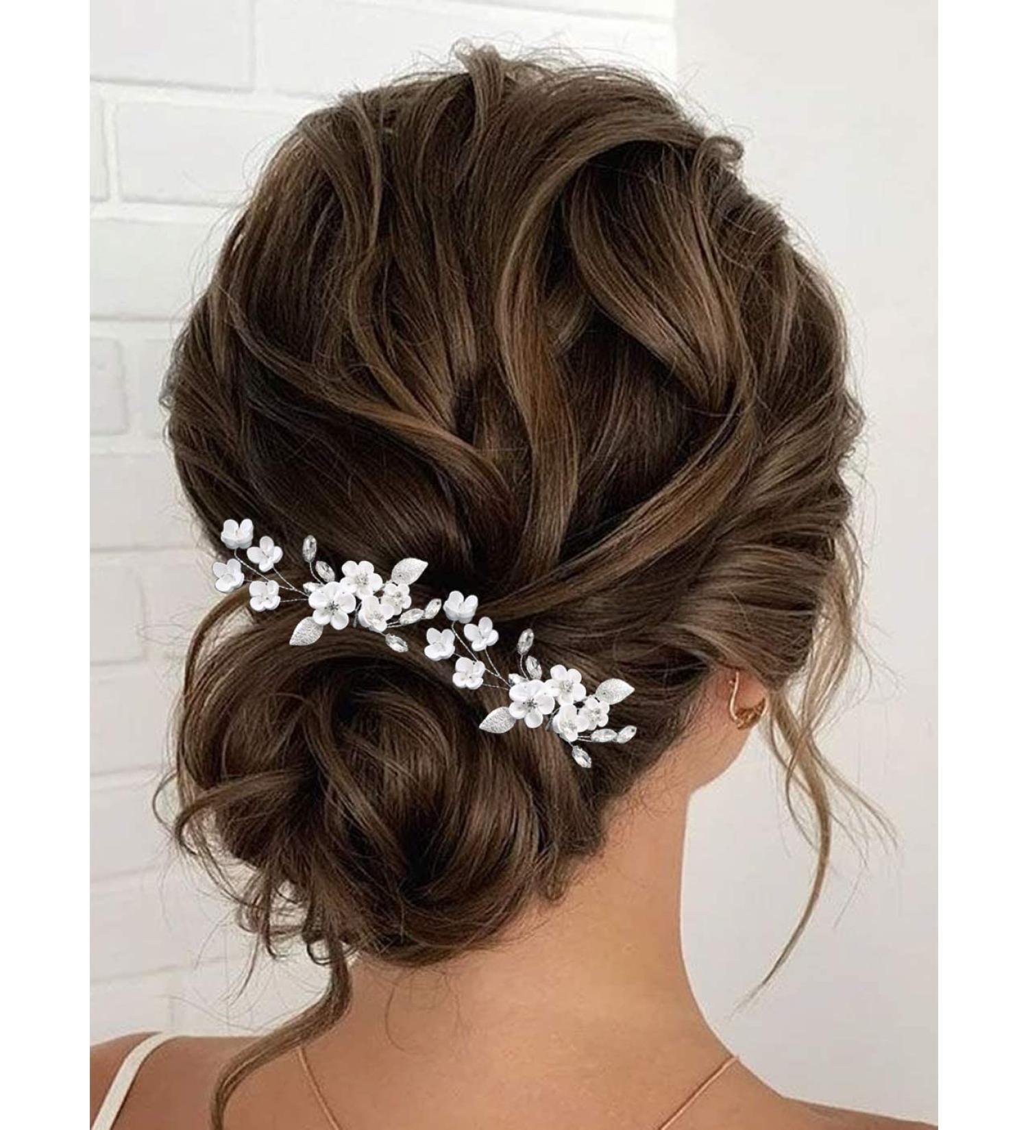 Silver Crystal Flower Bride Wedding Hair Pins - Pack of 2 | Bridal Hair Accessories for Women and Girls - Buy Online on SooperMarket.com