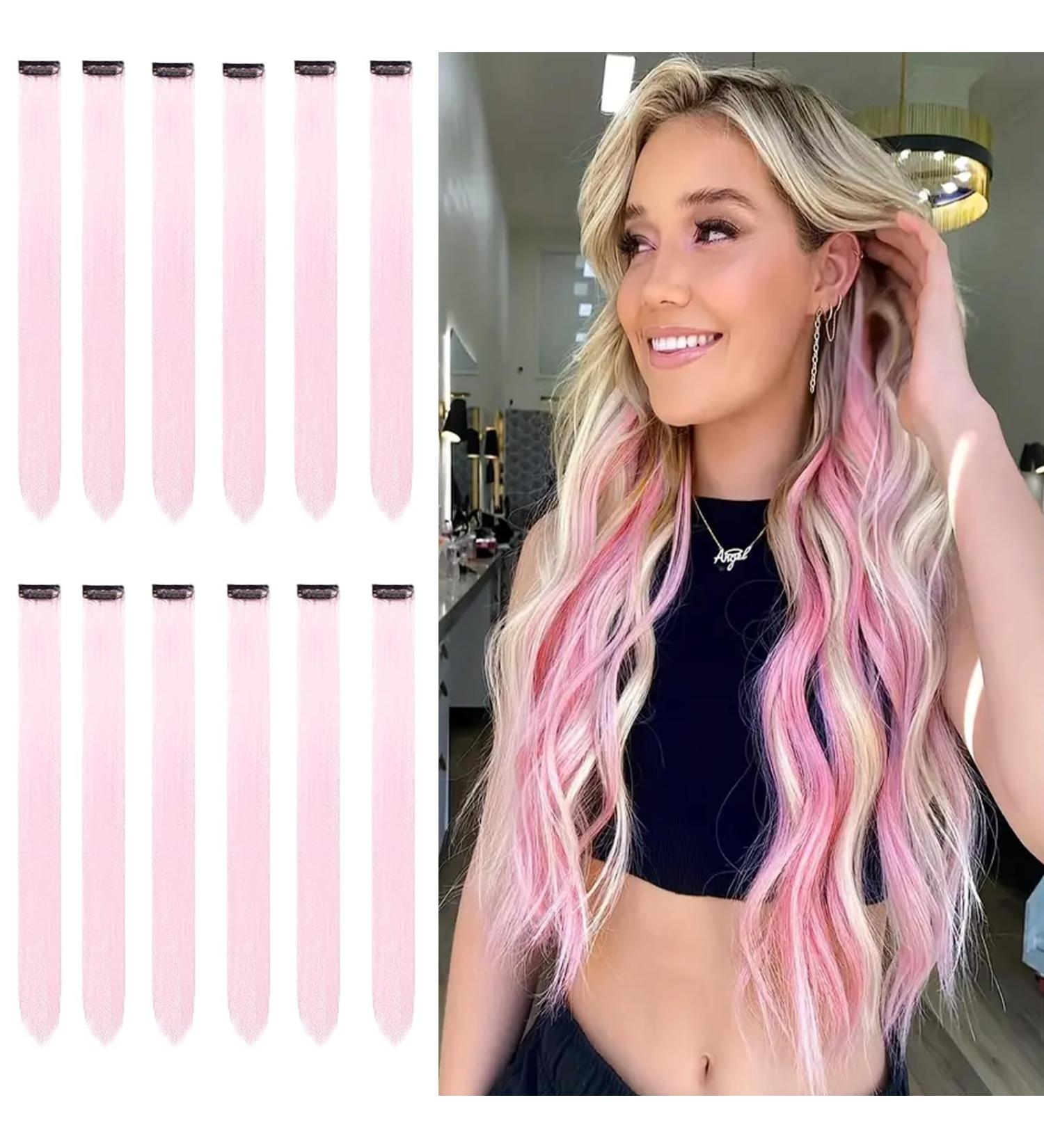 12 PCS Pink Hair Extensions Clip in 22Inch Pink Hair Extensions Colorful Straight Extensions Hair Highlights Accessories for Kid Girls Women Party Hair Decor 12pcs-Pink - Buy Online on SooperMarket.com
