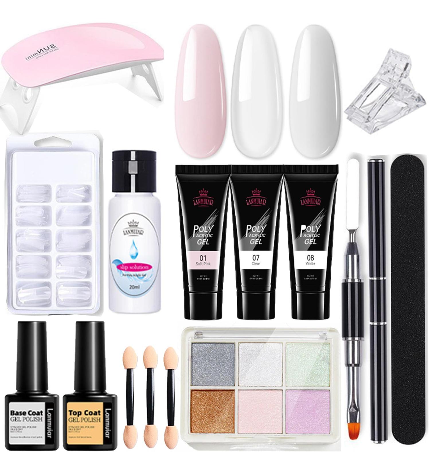 Poly Nail Gel Kit With Lamp UV 3 Color Nail Builder Gel Full Set With Chrome Nail Powder Poly Nail Extension Gel For Beginner False Nail Crystal Gels Enhancement For Women Gift (ClearWhitePink) - Buy Online on SooperMarket.com