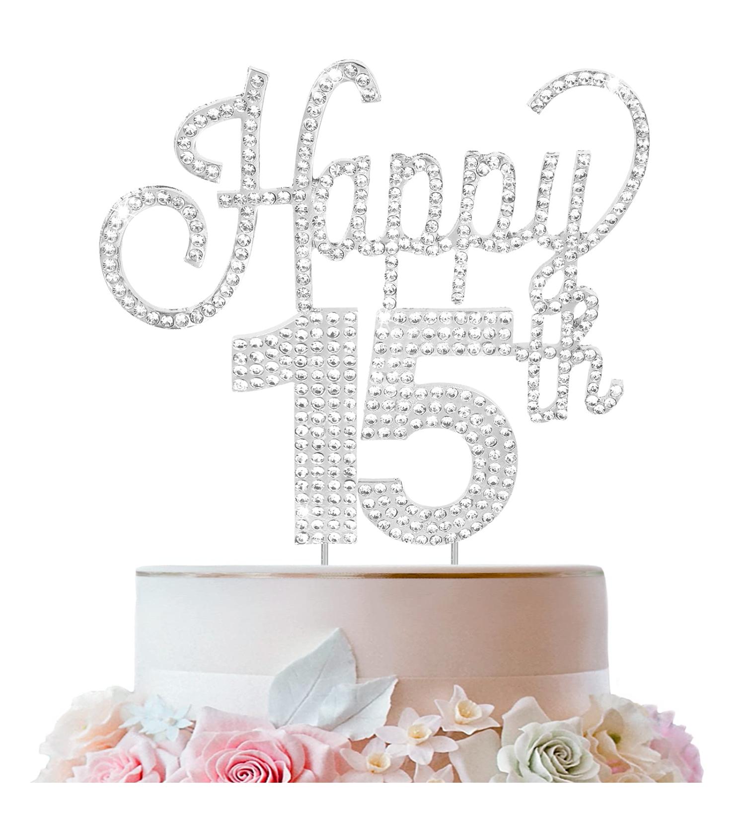 LINGTEER Happy 15th Birthday Silver Rhinestone Cake Topper - Cheers to 15th Birthday Party Decorations - Buy Online on SooperMarket.com