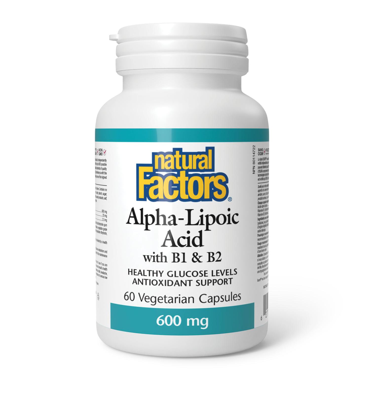 Natural Factors Alpha-Lipoic Acid 600mg High Potency with Vitamin B1 & B2 60 vegetarian capsules One-per-Day formula of ALA Antioxidant Support and Supports Blood Sugar Health