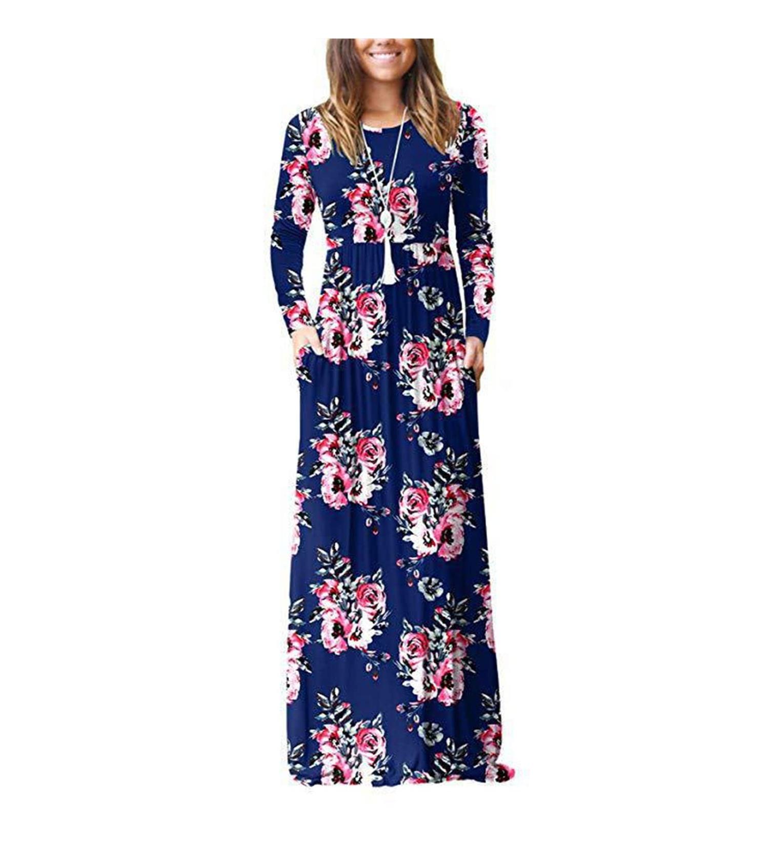 Shop Women's Casual Summer Maxi Dress - Long Sleeve U-Neck Loose Swing with Pockets Floor Length Beach Dress in 3XL Blue - Buy Online on SooperMarket.com
