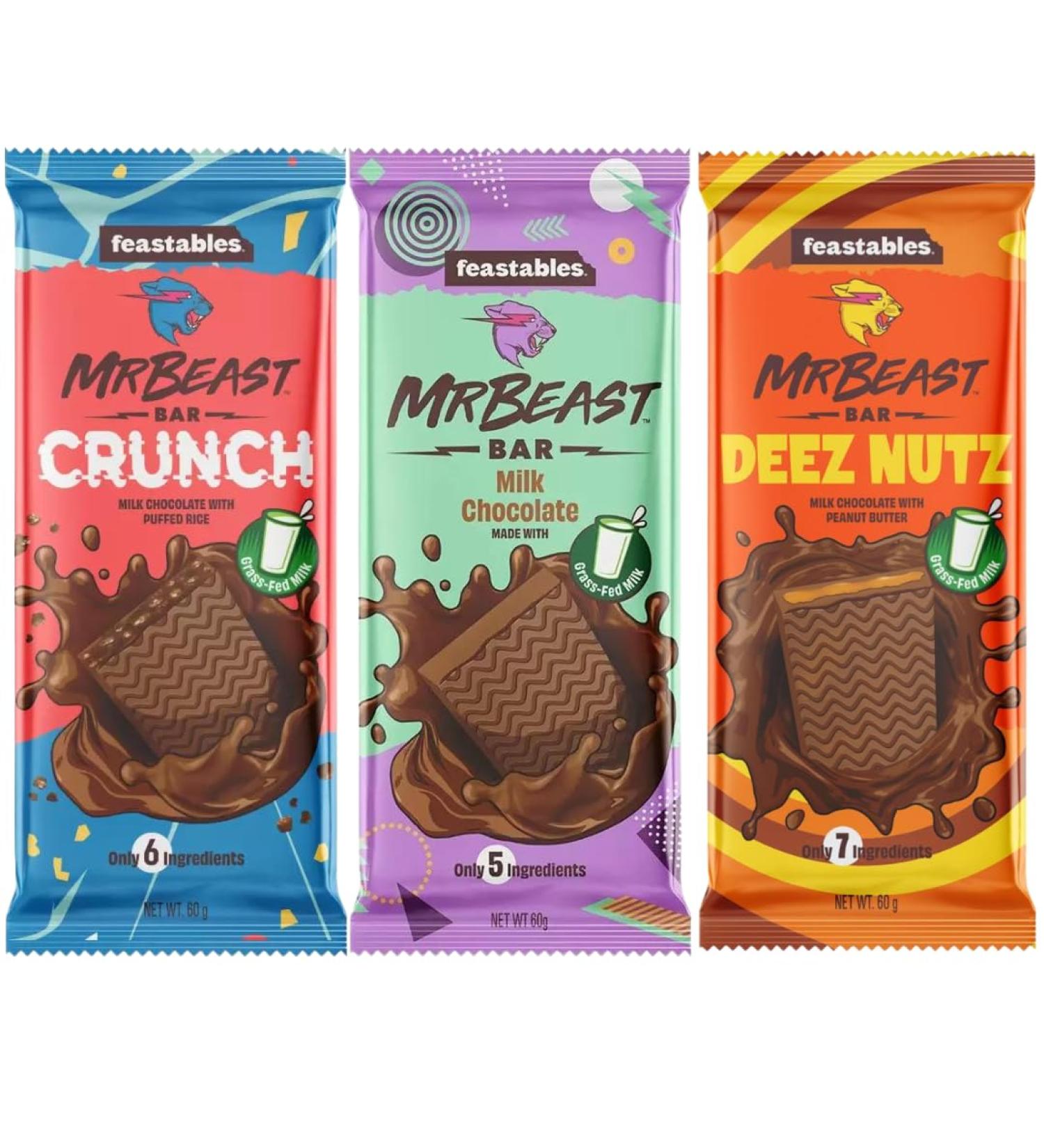 Milk Chocolates Bar Bundle With Feastables Milk Chocolate With Peanut Butter 60g Feastables Milk Chocolate Crunch 60g and Feastables Milk Chocolate 60g (3 Pack)