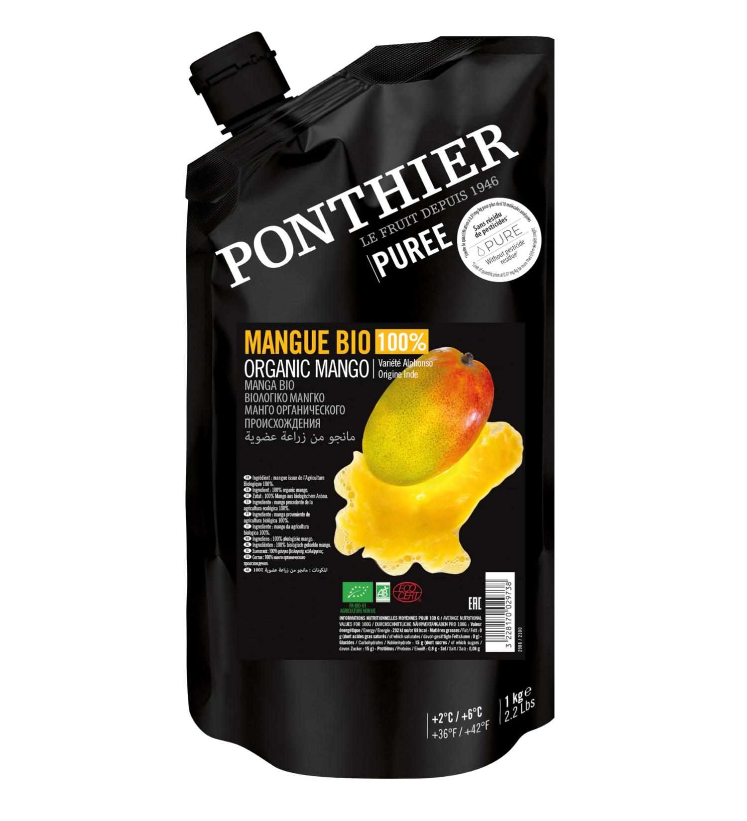 Ponthier Bio Mango Puree 1kg - Premium Indian Alphonso No Preservatives Perfect for Smoothies Desserts & More - Buy Online on SooperMarket.com